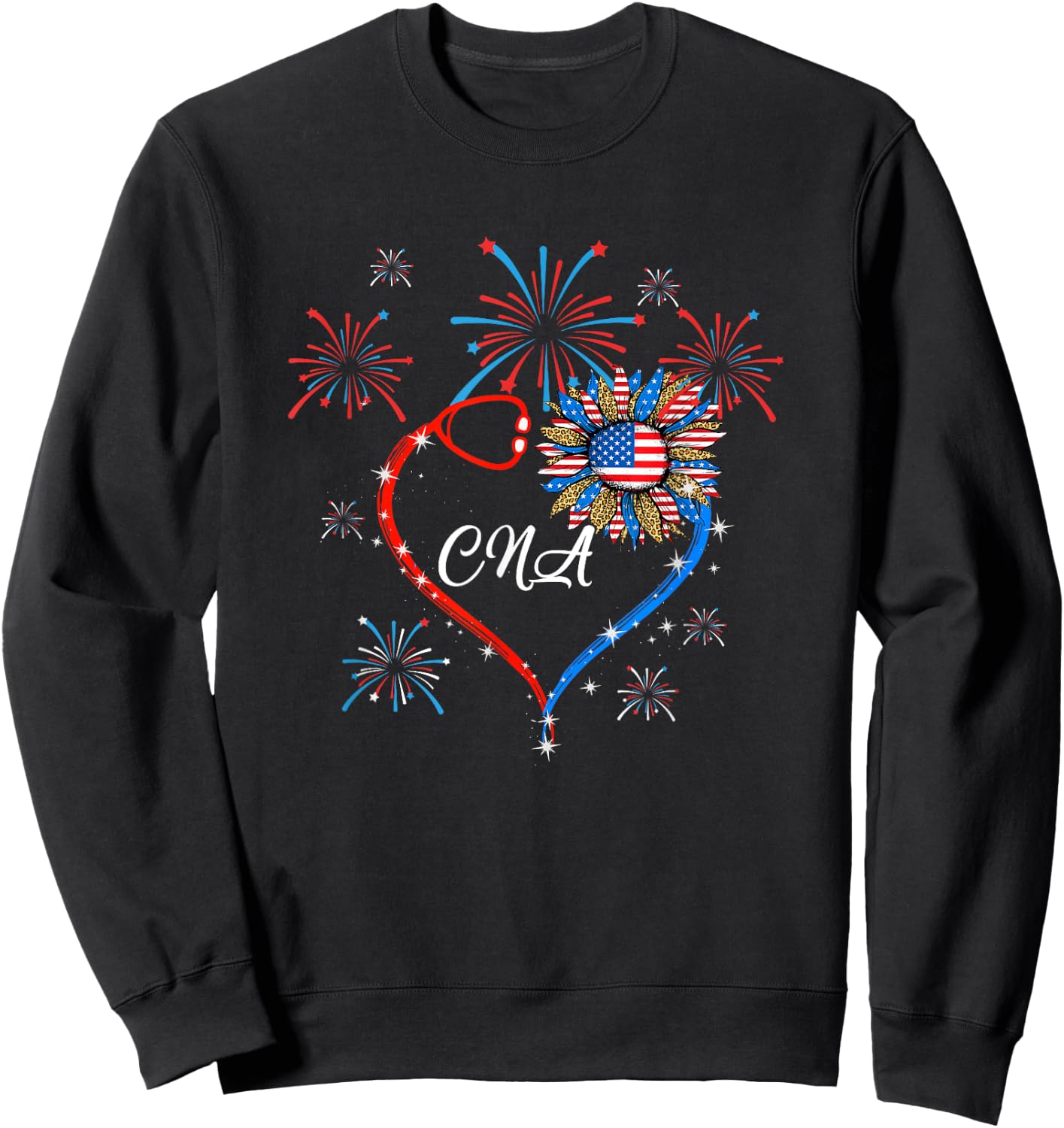 Patriotic Cna Nurse 4Th Of July American Flag Sunflower Love Sweatshirt - Sweatshirt | Black