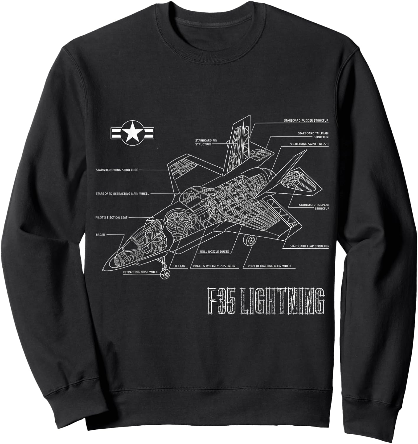 American Aircraft Stealth Fighter F35 lightning blueprint Sweatshirt - Sweatshirt | Black