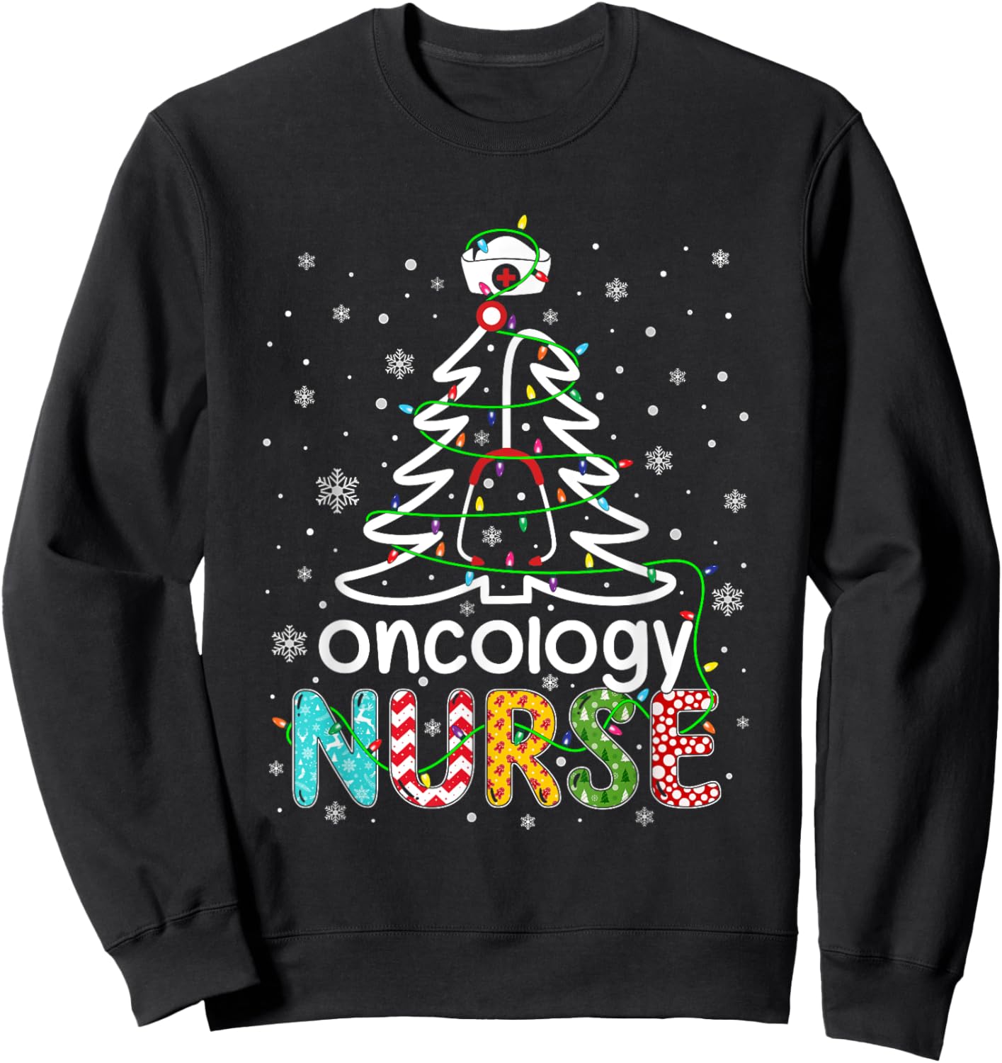 Oncology Nurse Xmas Tree Funny Nursing Christmas Pattern Sweatshirt - Sweatshirt | Black