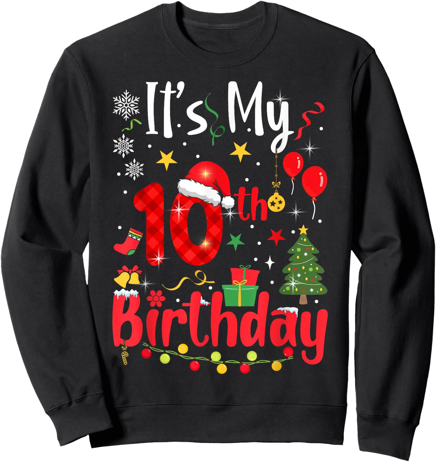 10 Years Old Christmas Bday Party 10th Birthday Kids Sweatshirt - Sweatshirt | Black