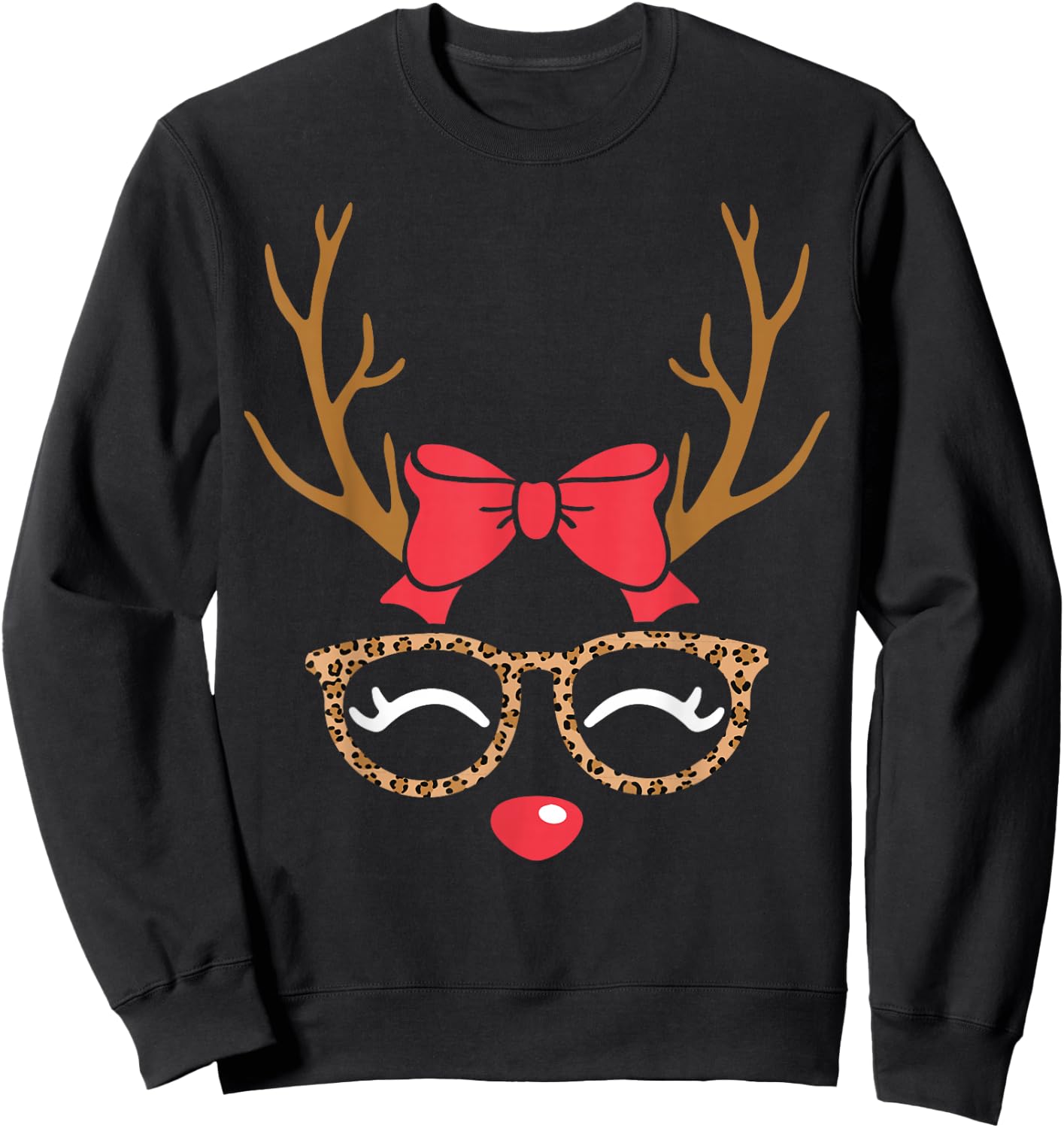 Reindeer Face Bow Leopard Glasses Christmas Girls Sweatshirt - Sweatshirt | Black