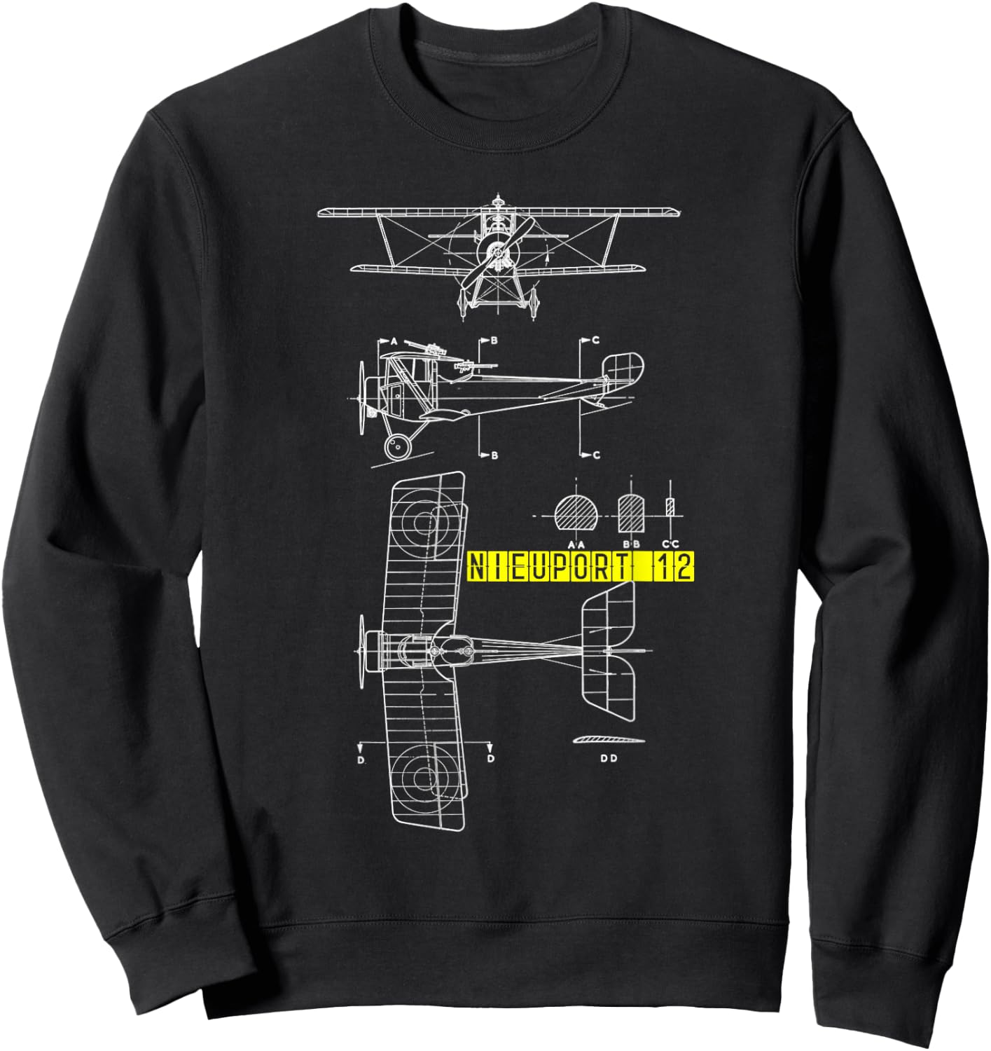Nieuport 12 WW1 Aircraft Blueprint Sweatshirt - Sweatshirt | Black