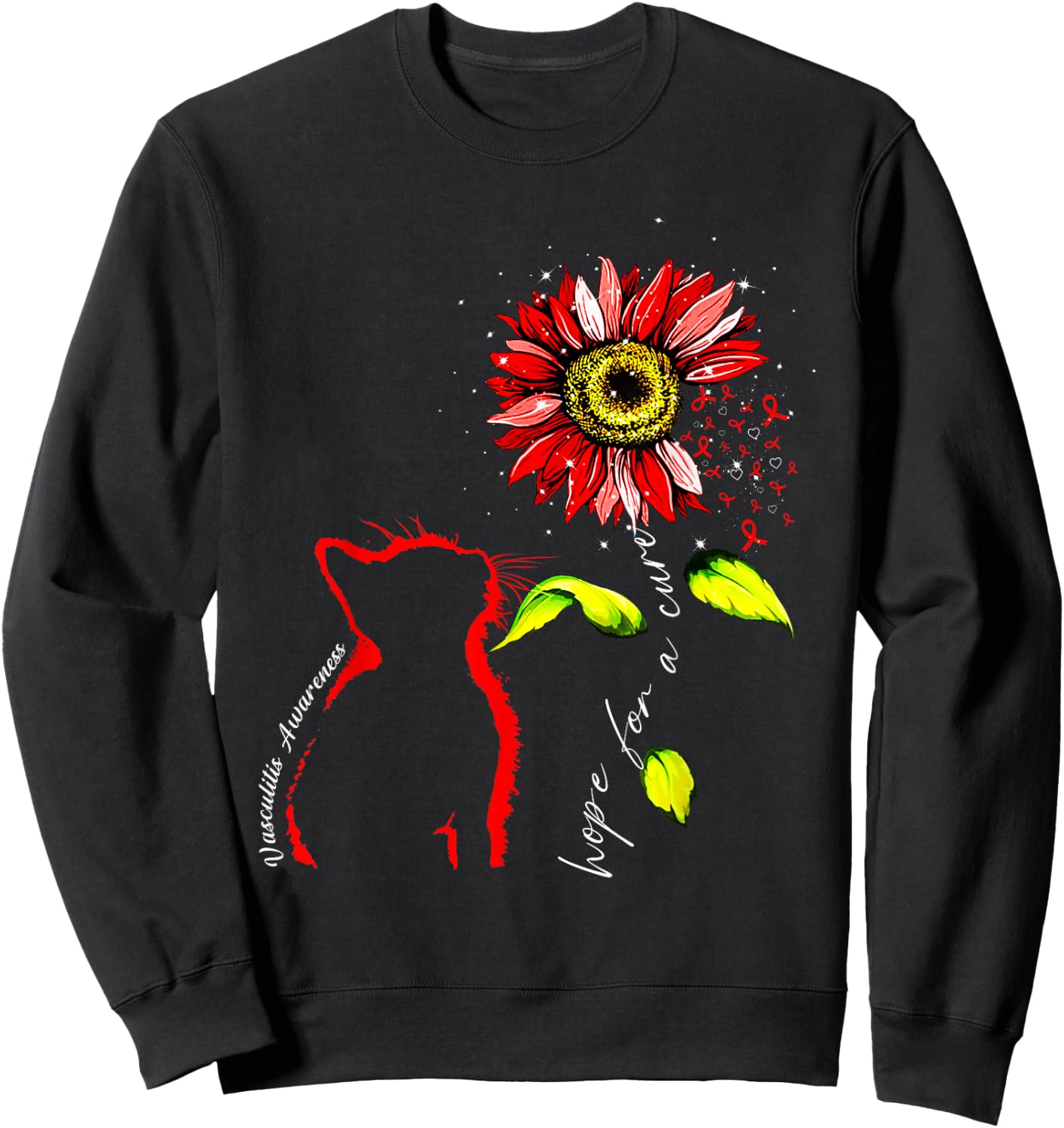 Sunflower Cat Red Vasculitis Awareness Men Women Sweatshirt - Sweatshirt | Black