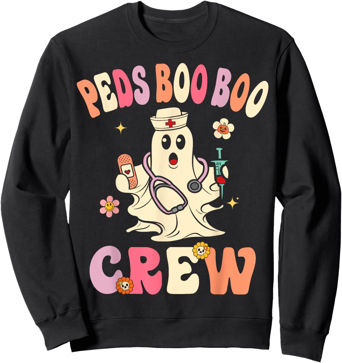 Peds Nurse Boo Crew Retro Halloween Pediatric Nurse Sweatshirt - Sweatshirt | Black