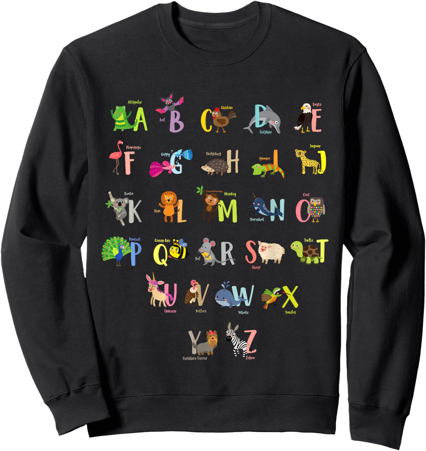 ABC Animals Identification A-Z Types Of Zoo Animals Alphabet Sweatshirt - Sweatshirt | Black