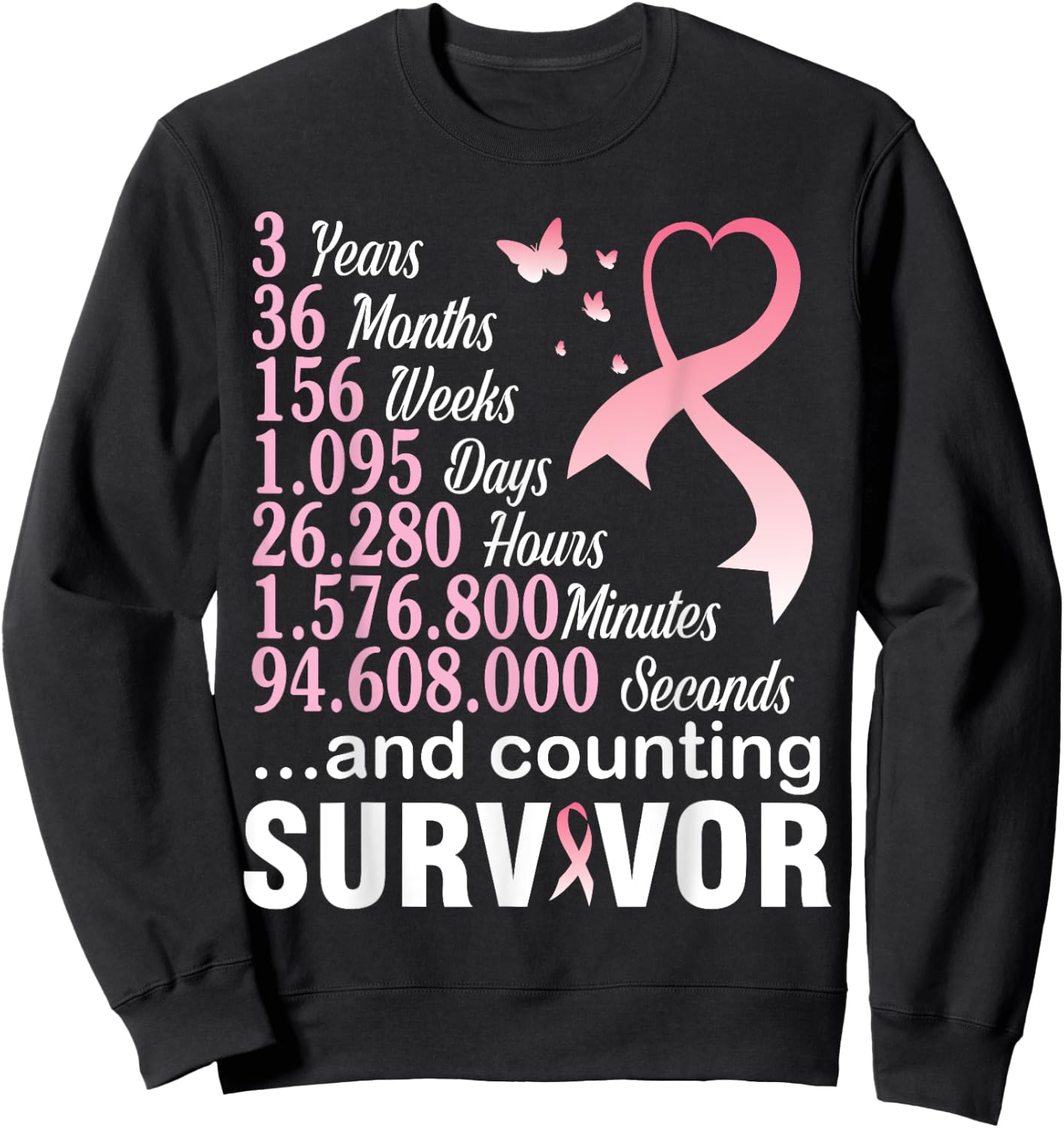 3 Years 36 Months & Counting Survivor Warrior Breast Cancer Sweatshirt - Sweatshirt | Black