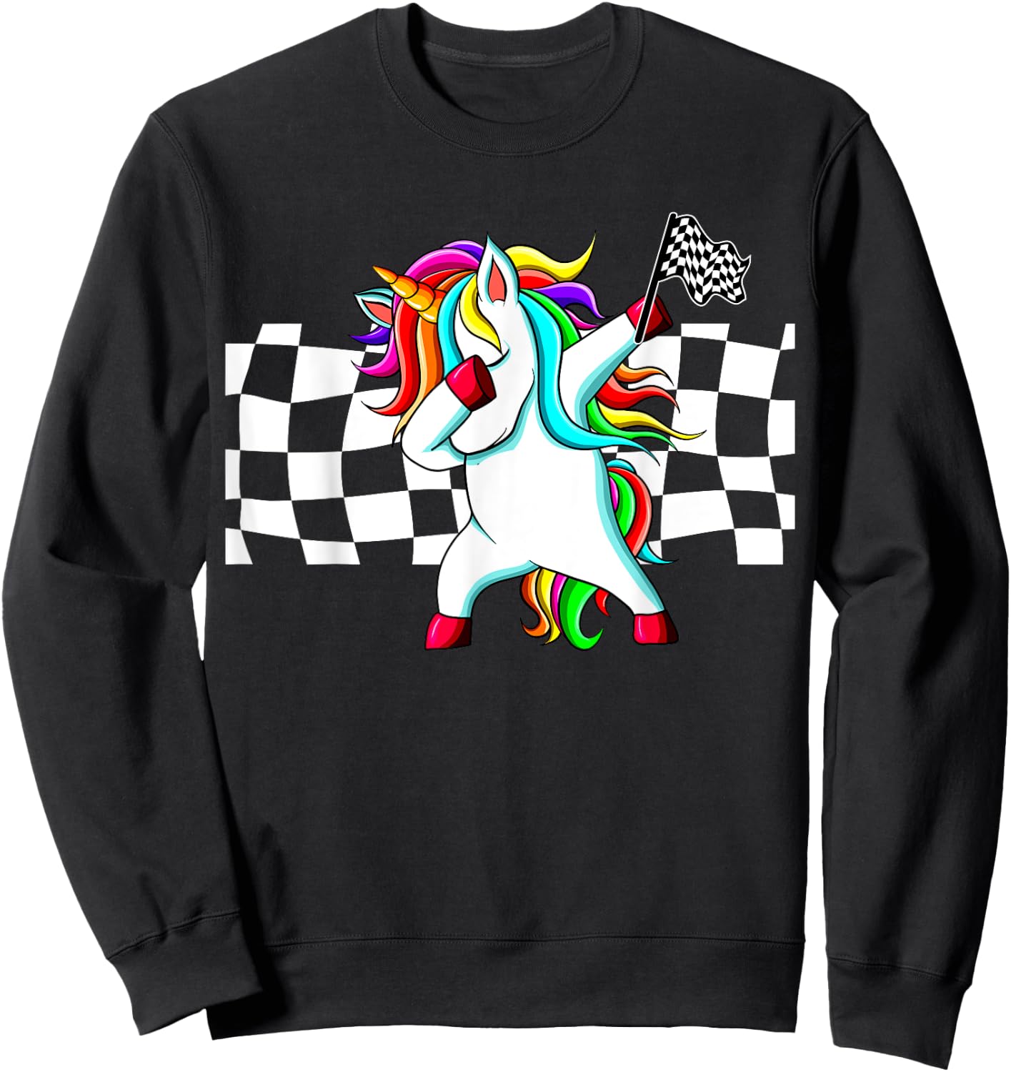 Racecar Racing Checker Flag Dabbing Unicorn Graphic Sweatshirt - Sweatshirt | Black
