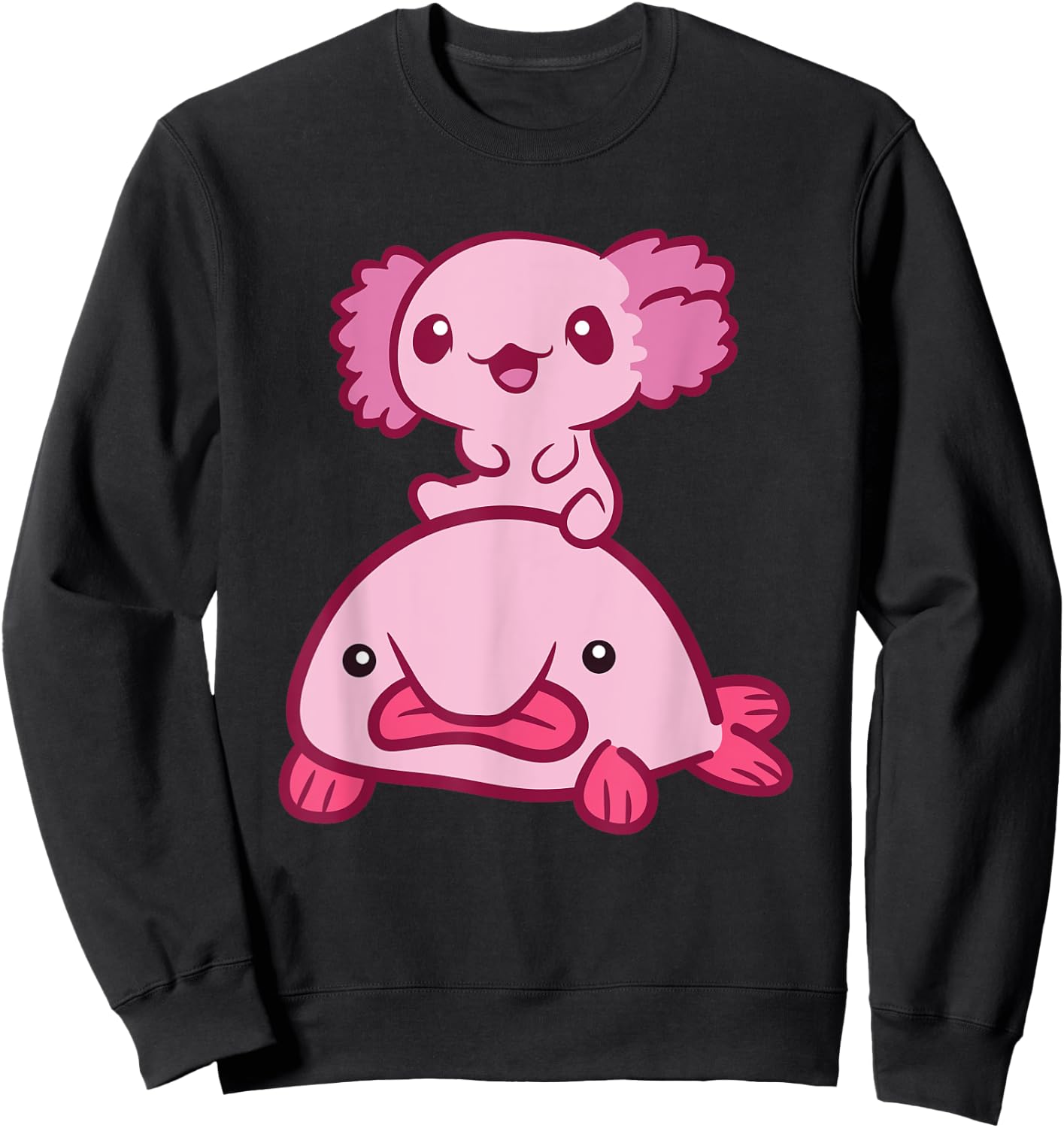 Kawaii Axolotl Riding A Blobfish Cute Axolotl Sweatshirt - Sweatshirt | Black