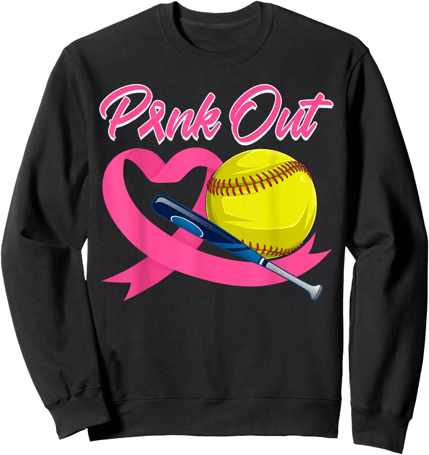 Pink Out Pink Ribbon Heart With Softball Ball Breast Cancer Sweatshirt - Sweatshirt | Black