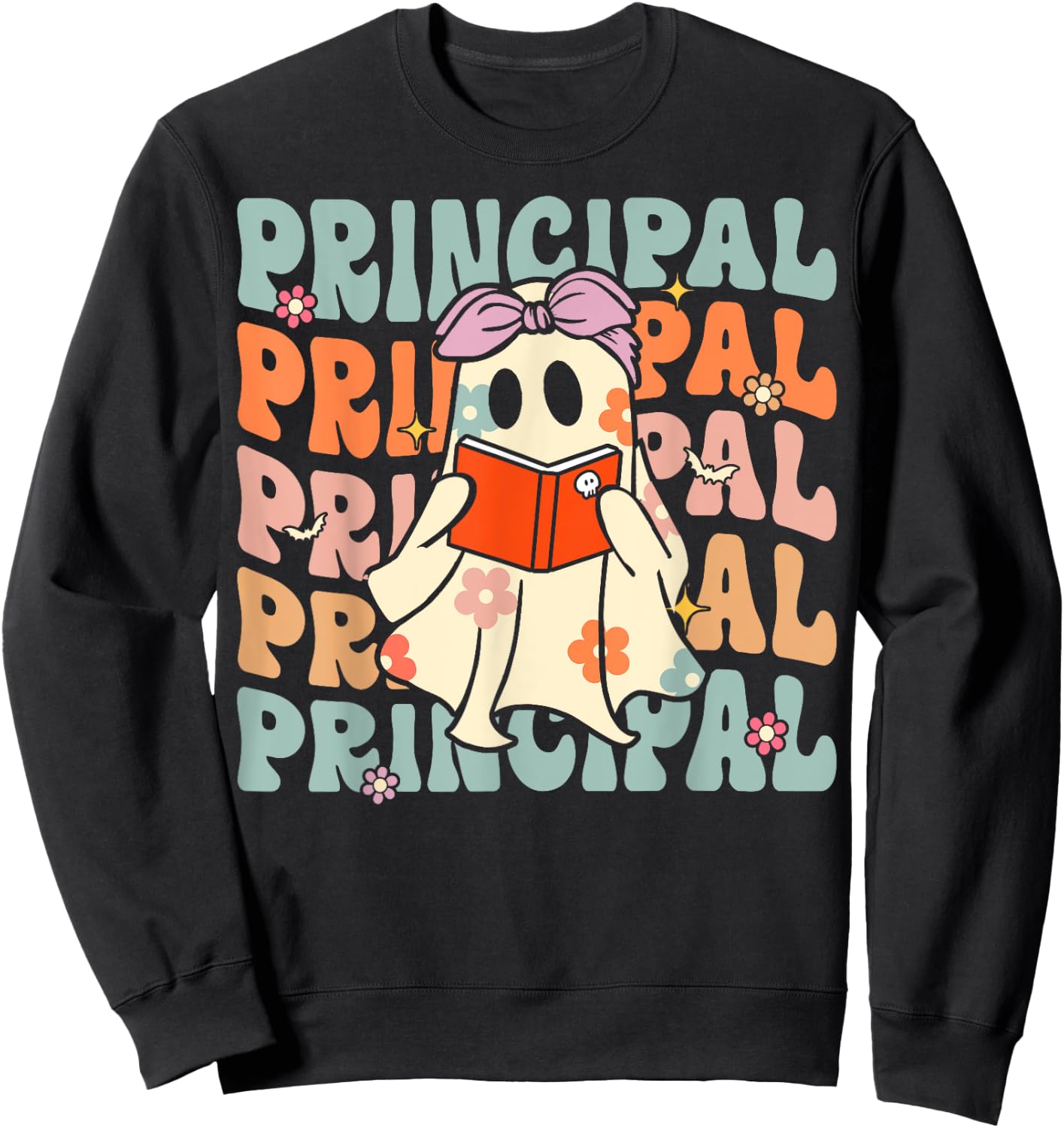 Groovy Halloween School Principal Retro Floral Ghost Sweatshirt - Sweatshirt | Black