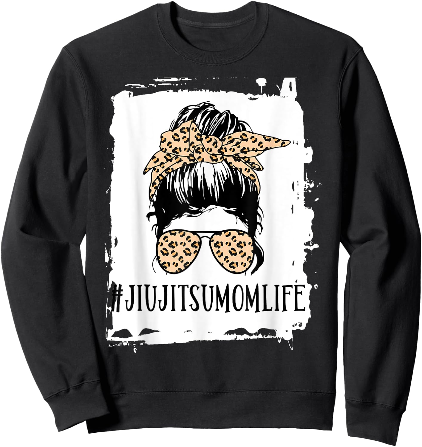 BJJ Jiu Jitsu Mom Life Messy Bun Leopard Sweatshirt - Sweatshirt | Black