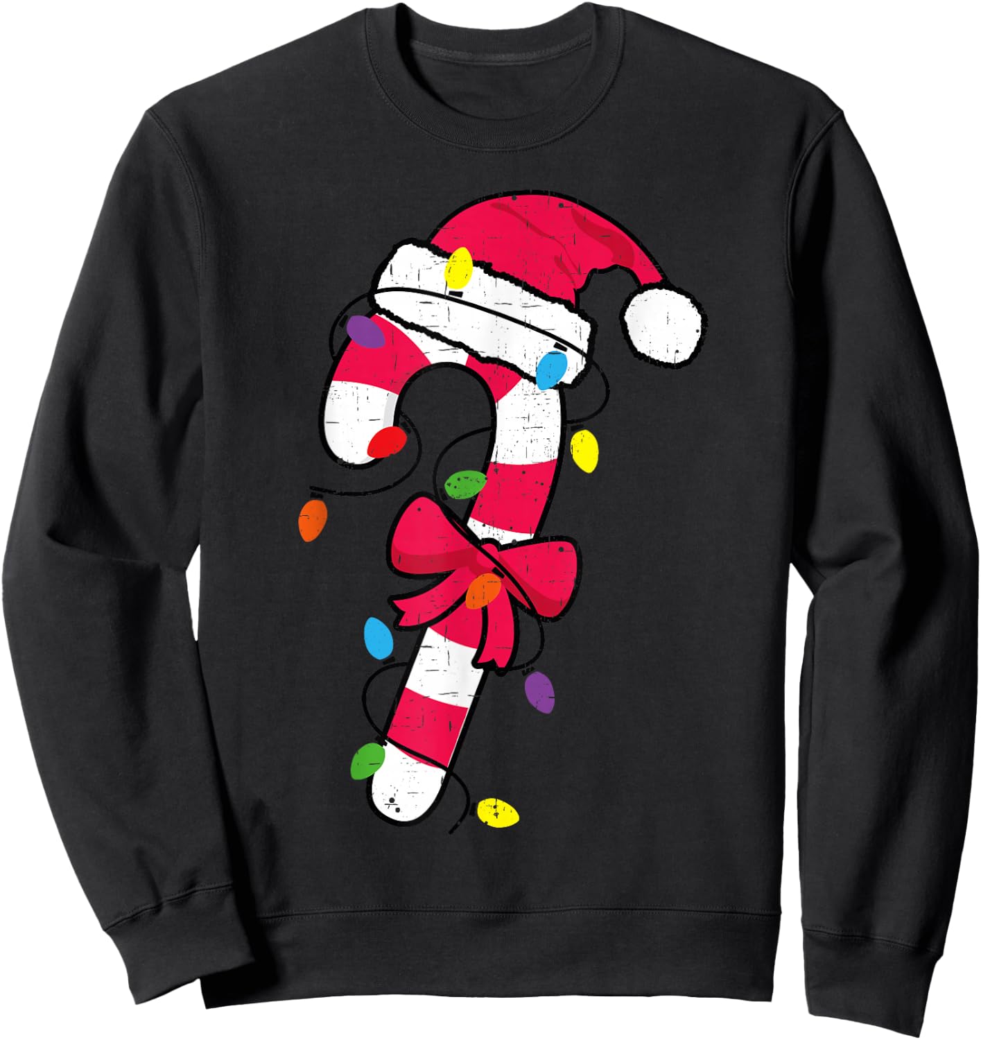 Cute Christmas Candy Cane Santa Hat and Christmas Lights Sweatshirt - Sweatshirt | Black