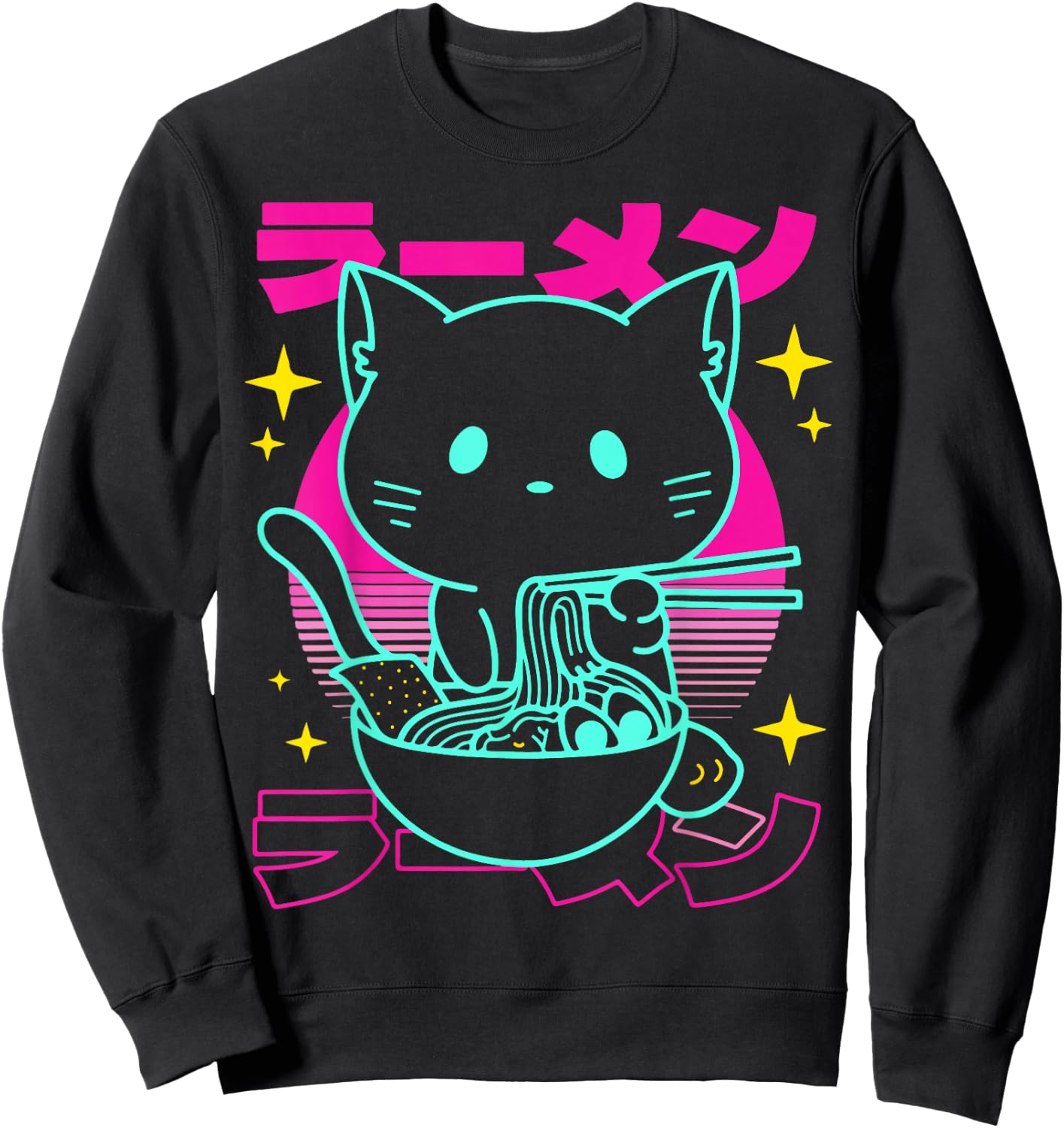 Anime Ramen Cat Retro Japanese Noodles Aesthetic Kawaii cat Sweatshirt - Sweatshirt | Black