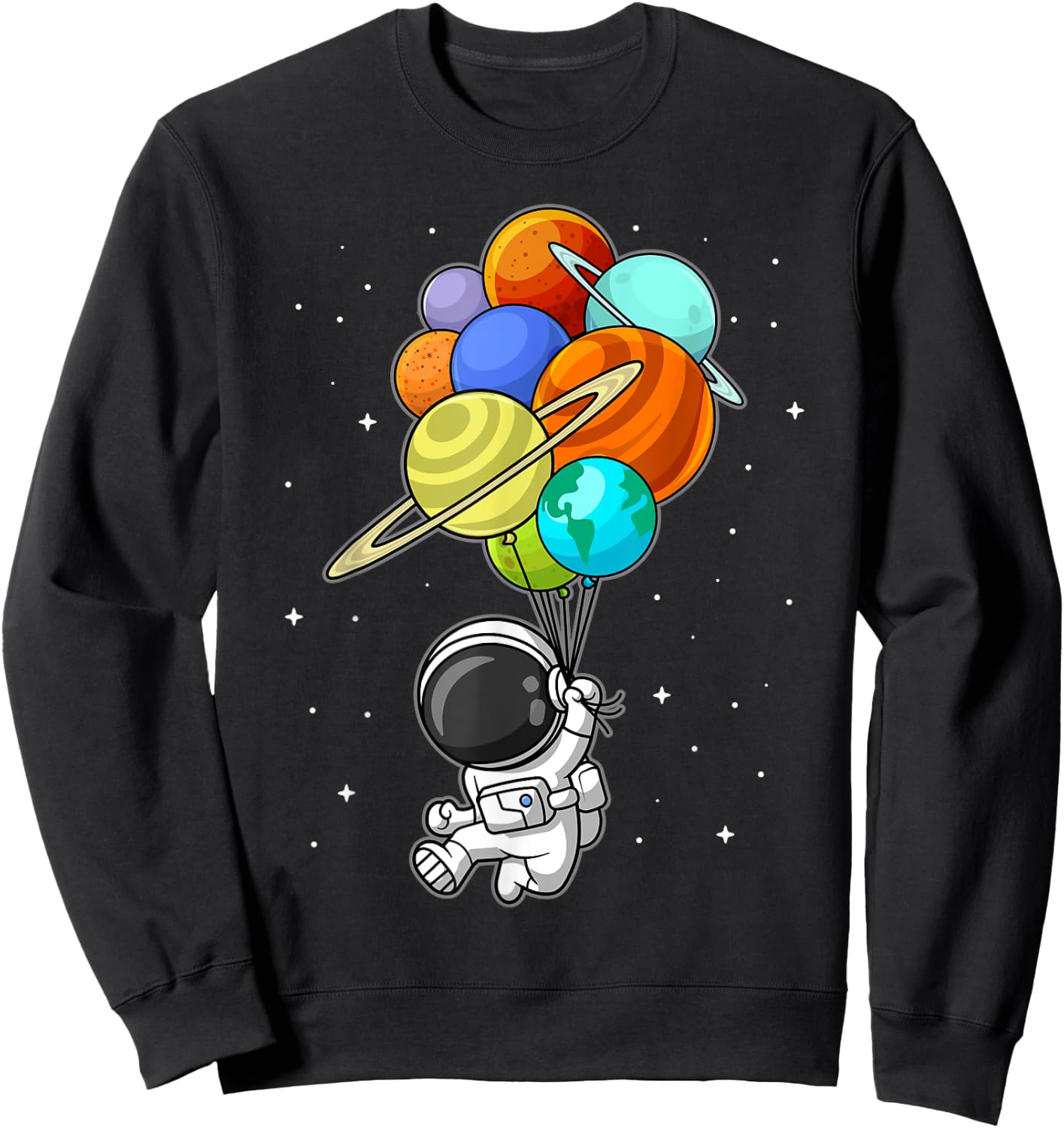 Astronaut Holding Planet Balloons Solar-System Space Kids Sweatshirt - Sweatshirt | Black