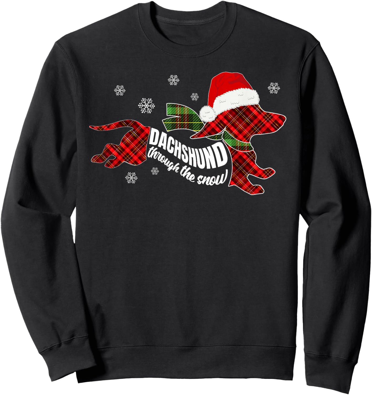 Merry Christmas Dachshund Dog Through The Snow Plaid Xmas Sweatshirt - Sweatshirt | Black