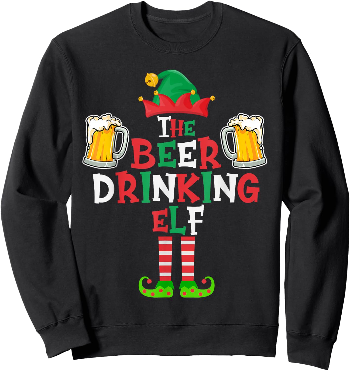 The Beer Drinking Elf, Funny Matching Family Group Christmas Sweatshirt - Sweatshirt | Black