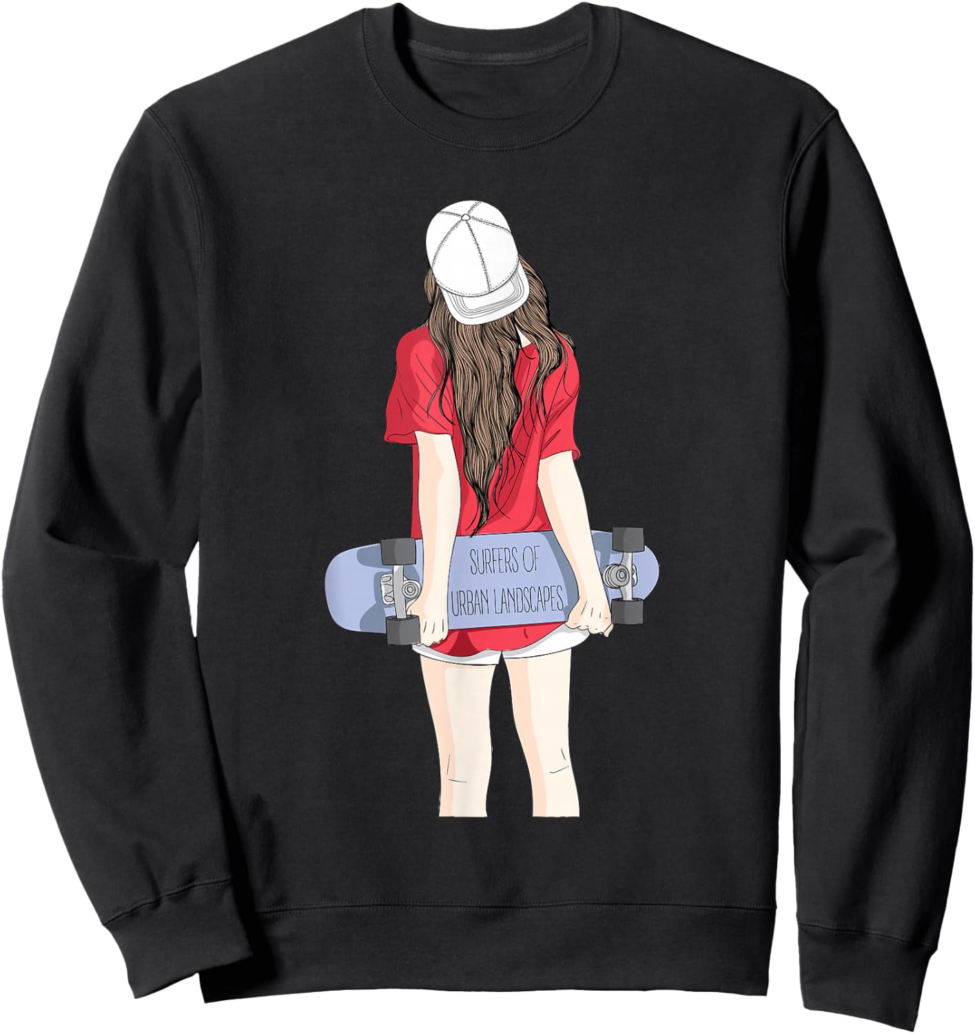 Cool Skateboarding Girl in a Baseball Cap with a Skateboard Sweatshirt - Sweatshirt | Black