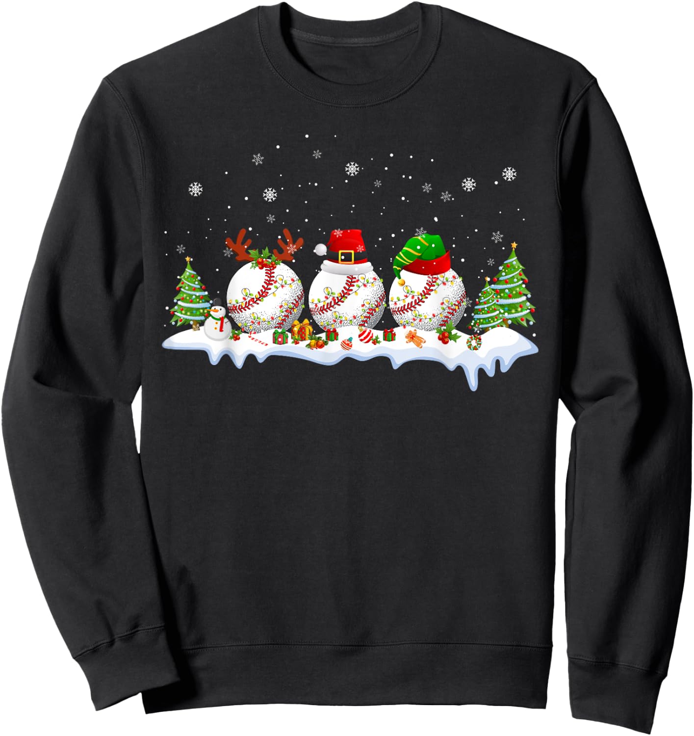 Santa Elf Reindeer Baseball Balls Xmas Tree Lights Christmas Sweatshirt - Sweatshirt | Black