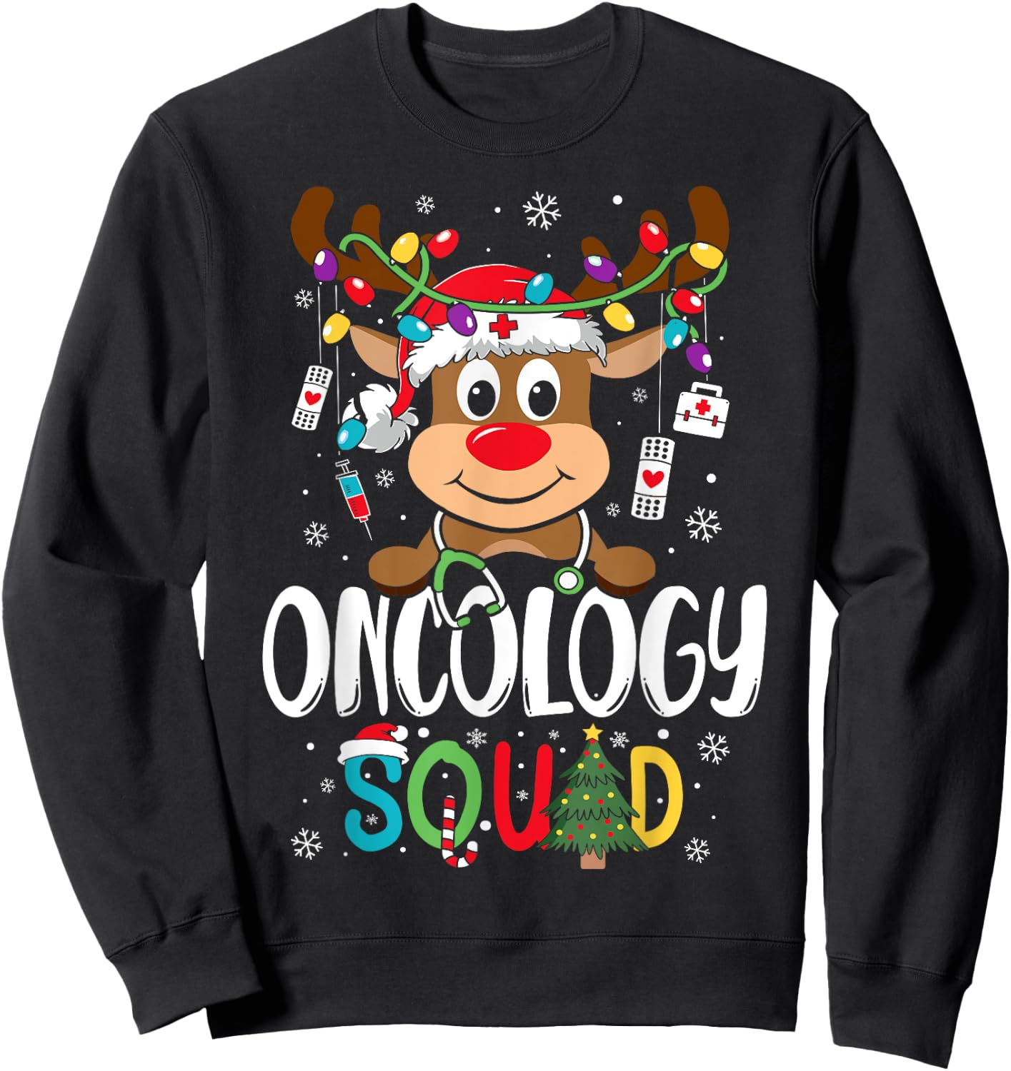 Oncology Nurse Squad Reindeer Stethoscope Nurse Christmas Sweatshirt - Sweatshirt | Black