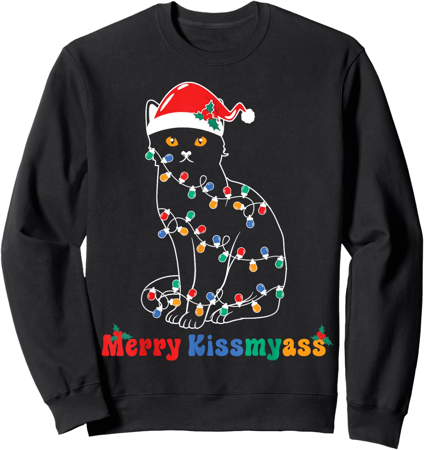 Merry Christmas Cat Christmas Lights Merry Christmas Cat Sweatshirt - Sweatshirt | Black