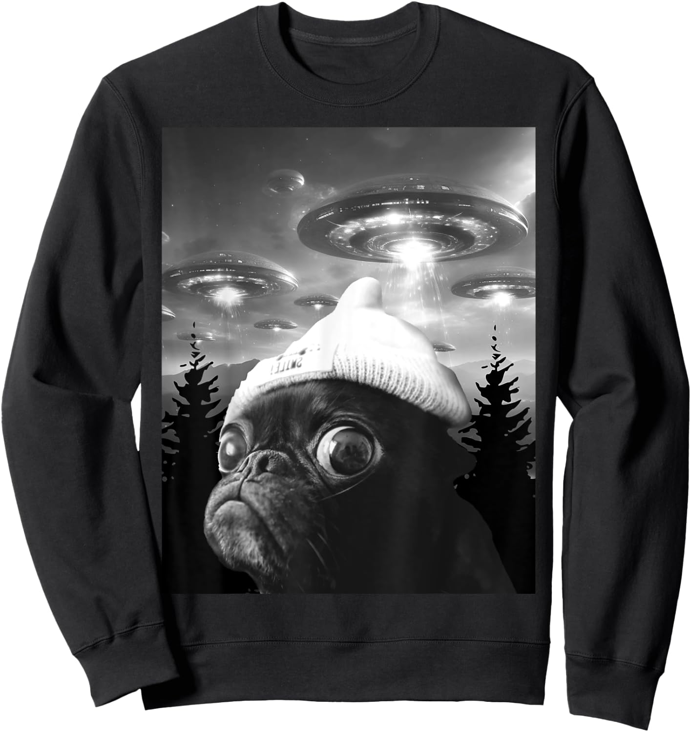Cute Scared Pug Funny Dog Selfie With UFO Sweatshirt - Sweatshirt | Black