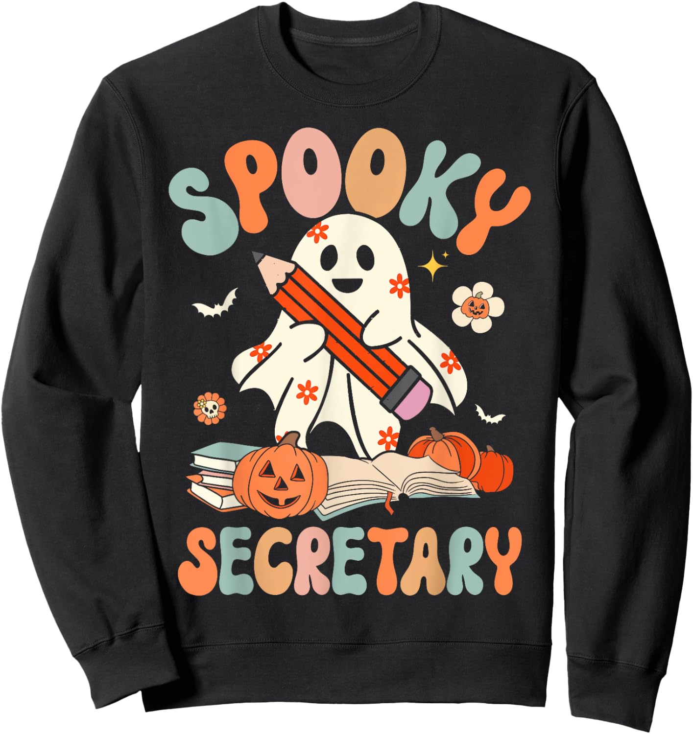 Spooky School Secretary Groovy Halloween Floral Ghost Sweatshirt - Sweatshirt | Black