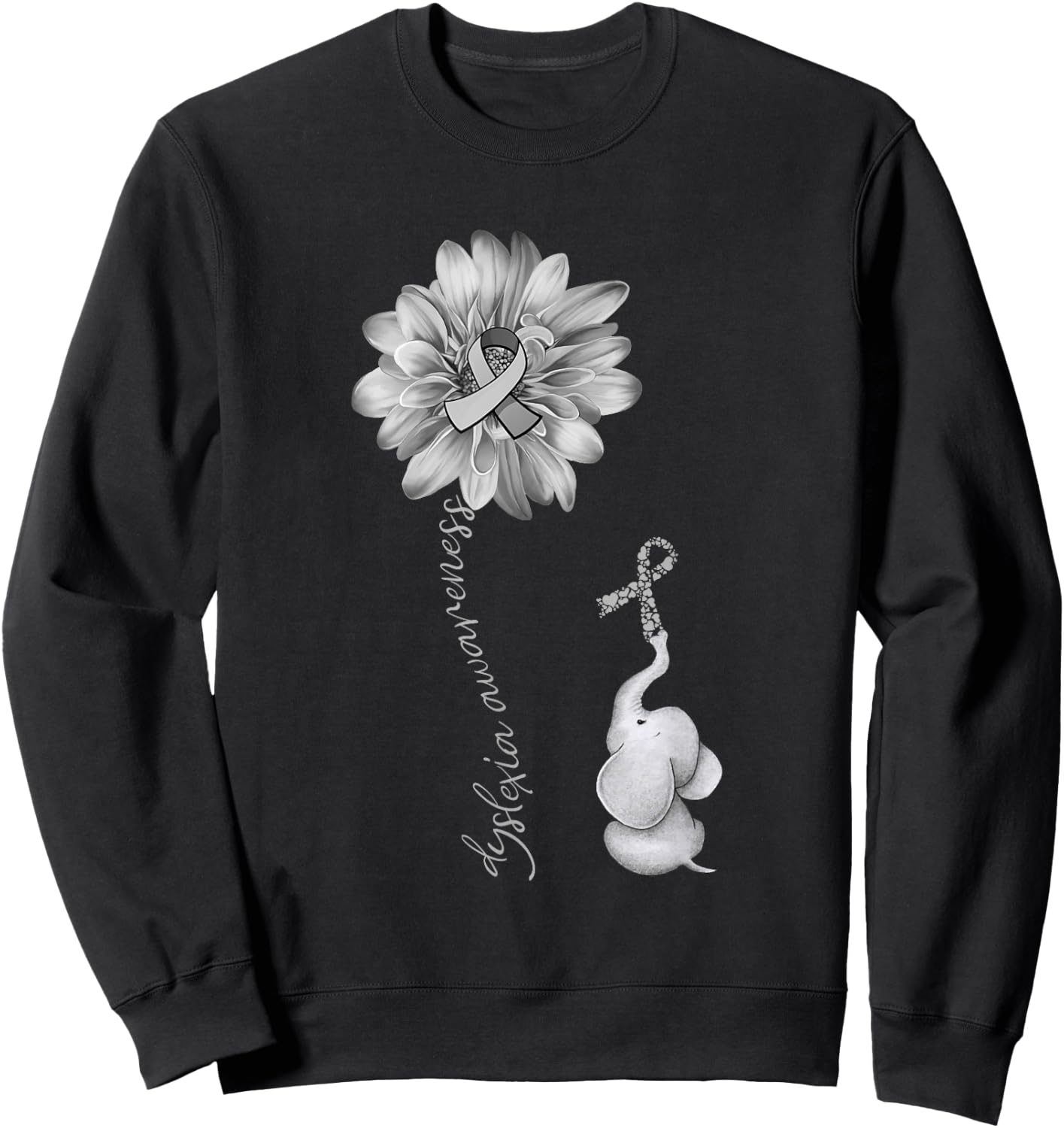 Elephant Sunflower Gray Ribbon Dyslexia Awareness Sweatshirt - Sweatshirt | Black