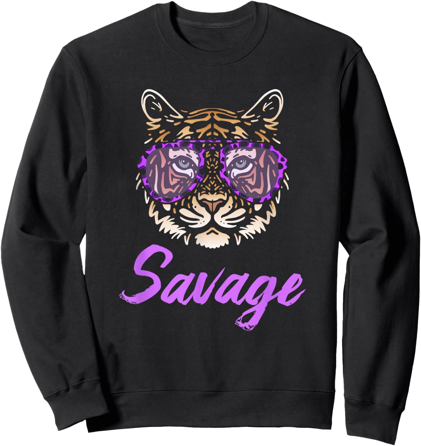 Savage Tiger Purple Leopard Print Sunglasses Funny Graphic Sweatshirt - Sweatshirt | Black