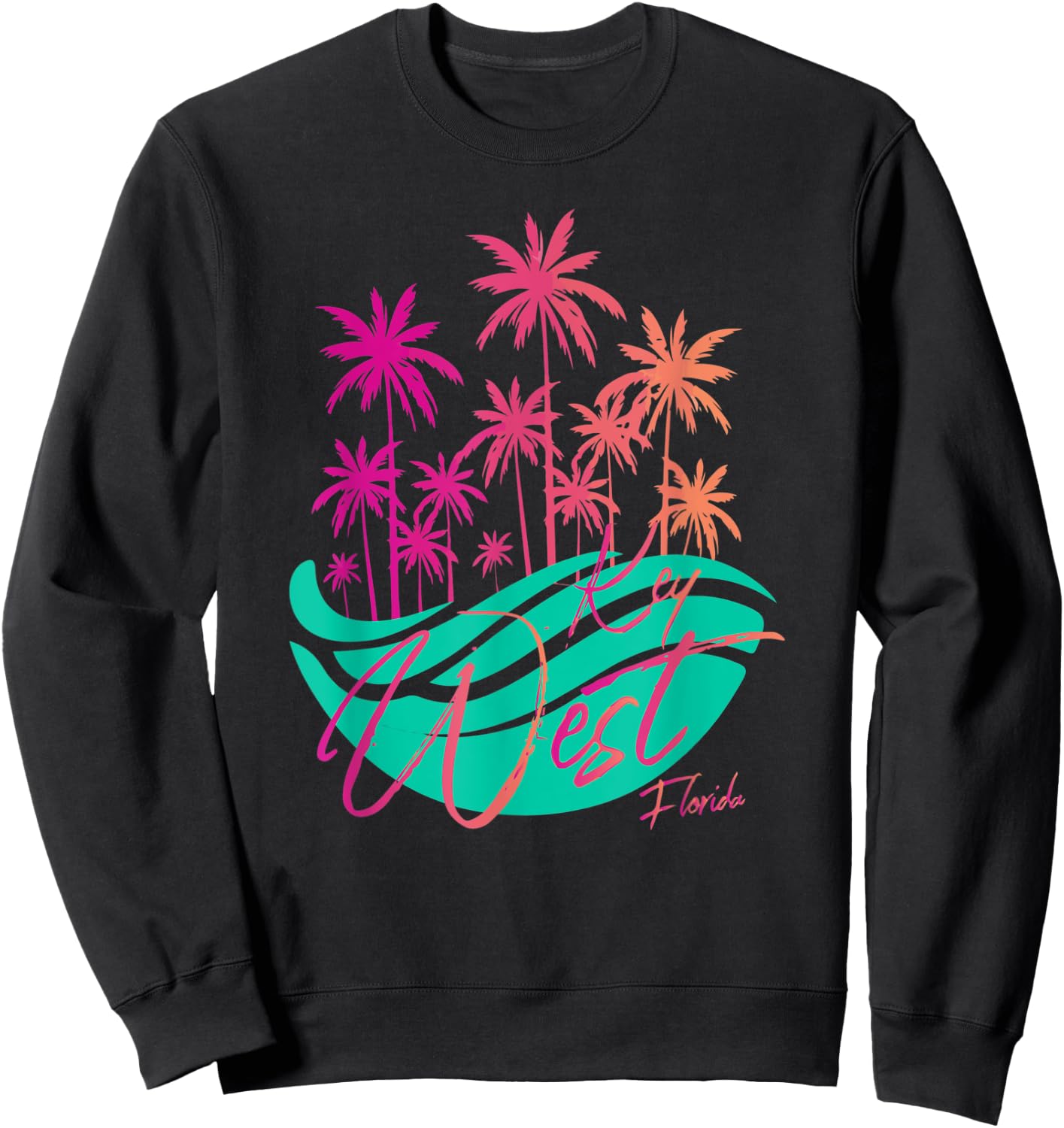 Retro Key West Florida Colorful Palm Trees And Ocean Waves Sweatshirt - Sweatshirt | Black