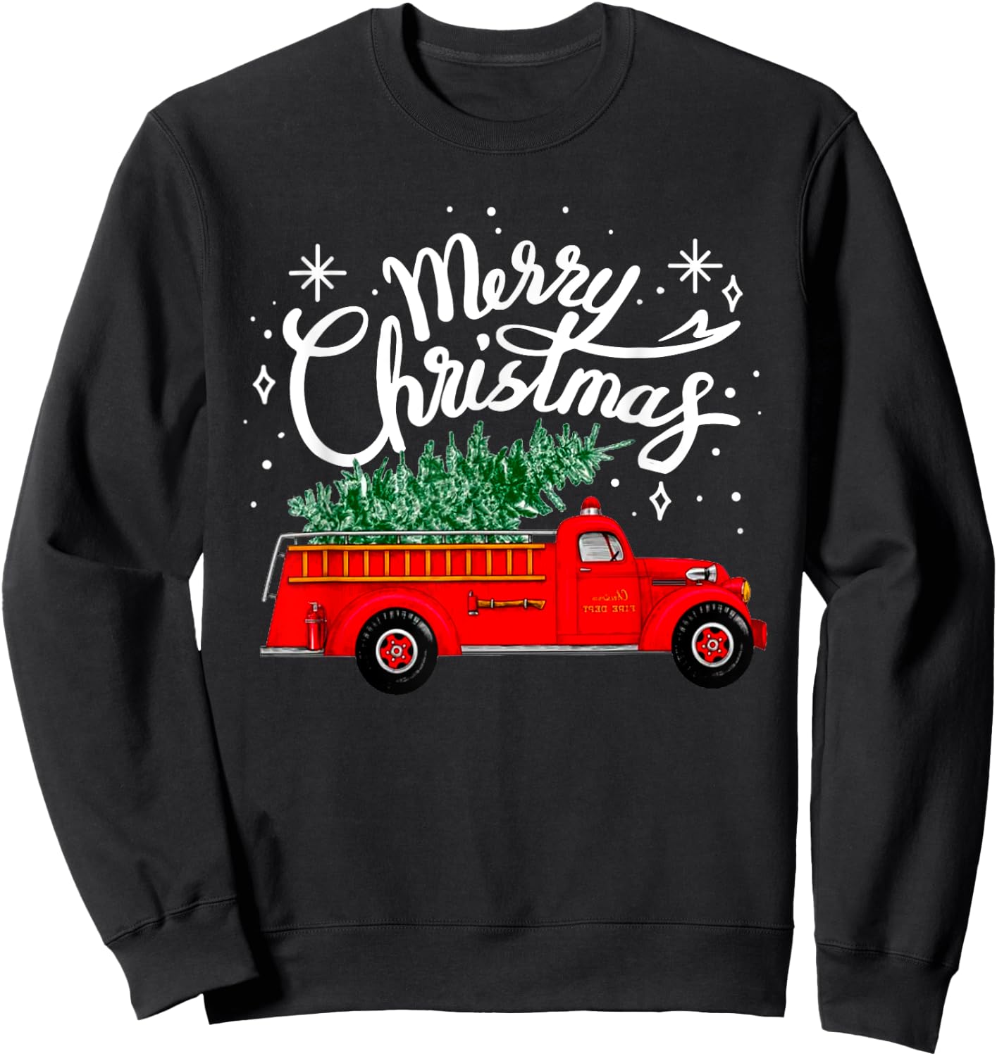 Funny Merry Christmas Fire Truck Xmas Tree Firefighter 2024 Sweatshirt - Sweatshirt | Black