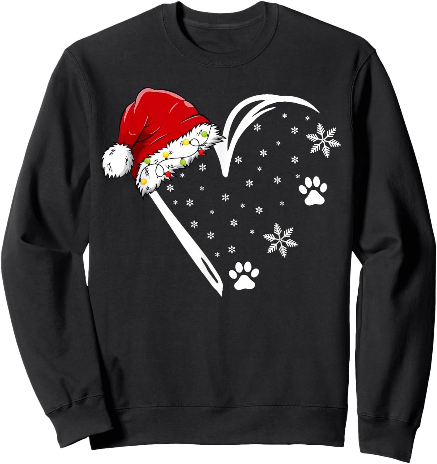 Dog Paw Print Heart Santa Hat Christmas Lights Animal Lover Women Kids Sweatshirt - Sweatshirt | Black