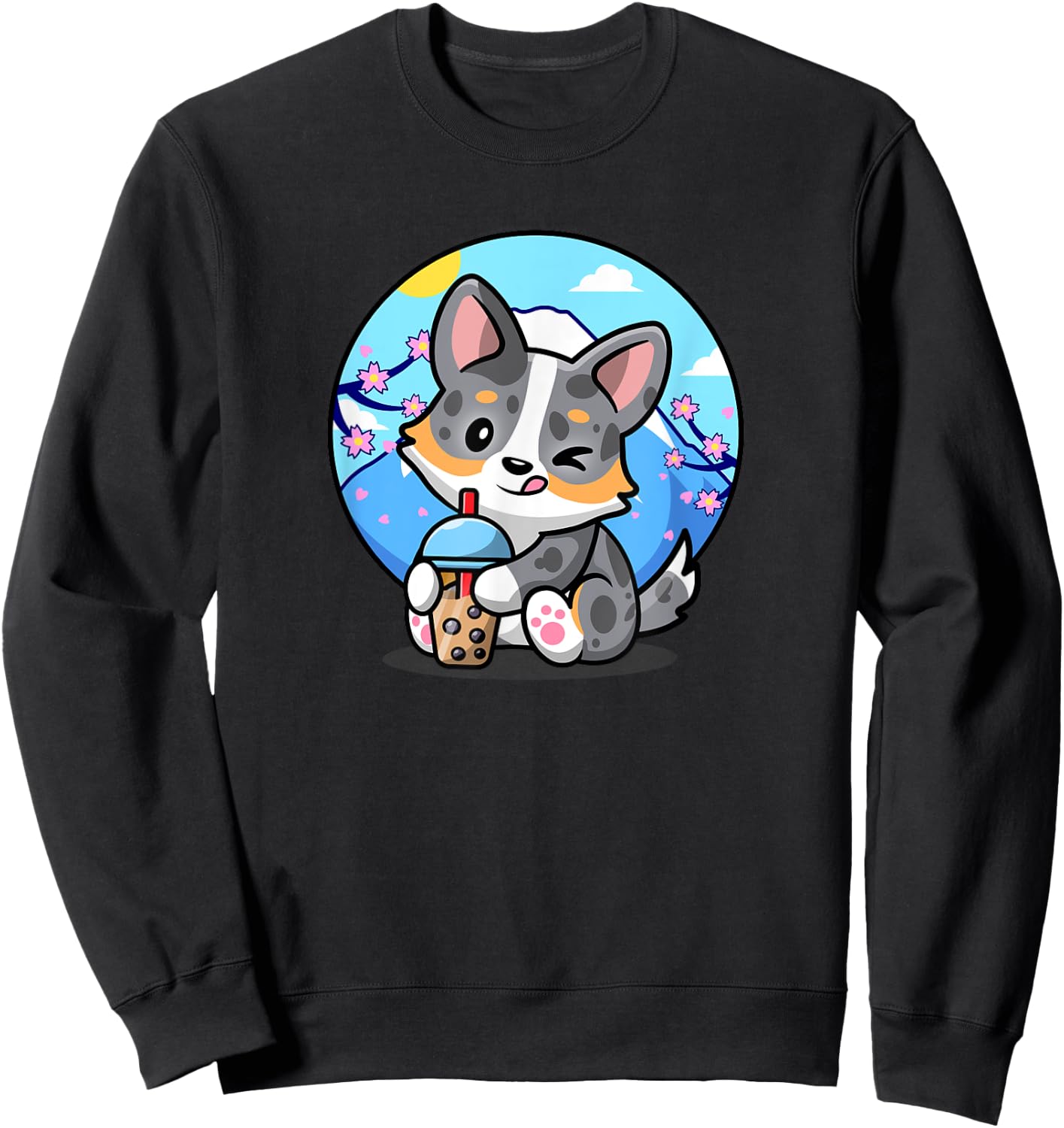 Funny Boba Bubble Tea Cherry Sakura Blue Merle Corgi Lover Sweatshirt - Sweatshirt | Black