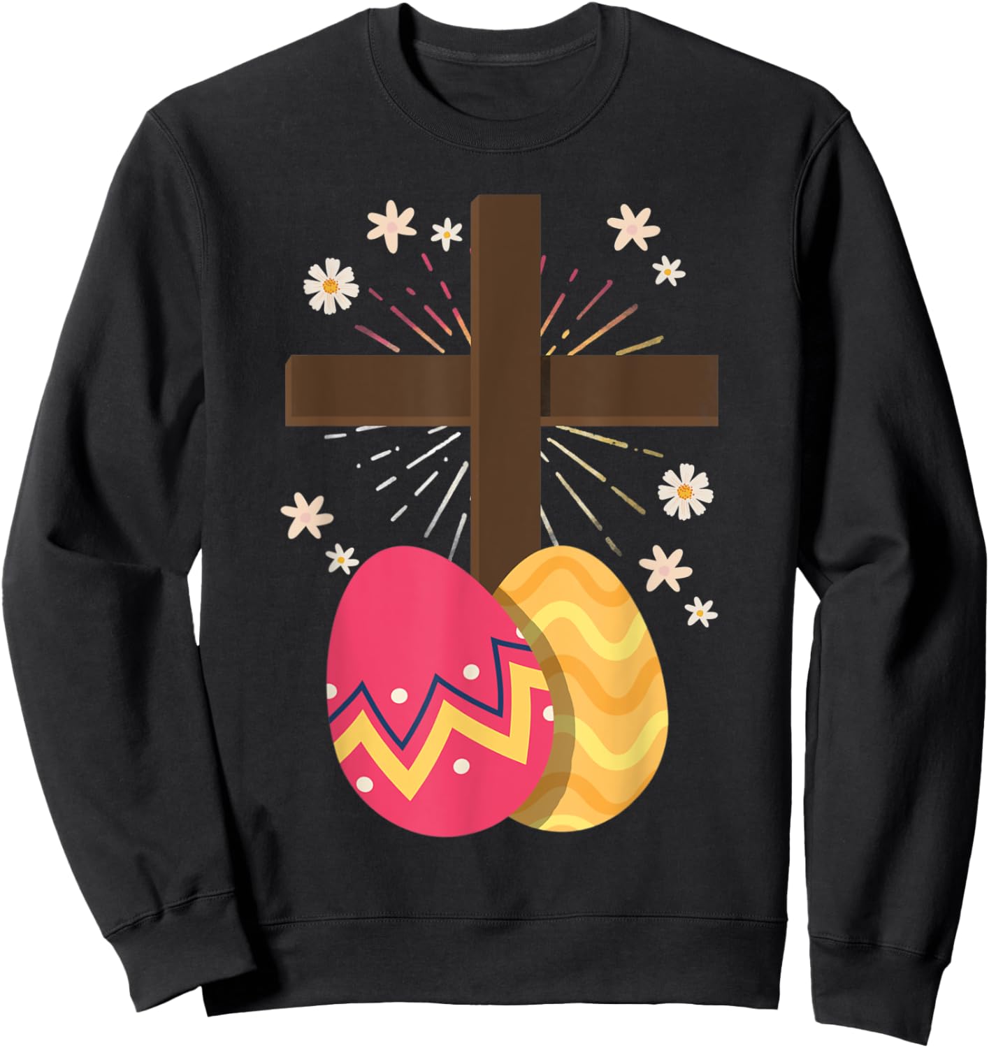 Christianity Cross Jesus Christ Flower Easter Eggs Sweatshirt - Sweatshirt | Black