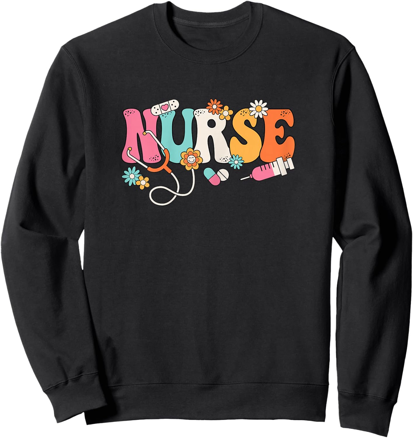 Cute Groovy Nurse Flower Nursing Women Sweatshirt - Sweatshirt | Black