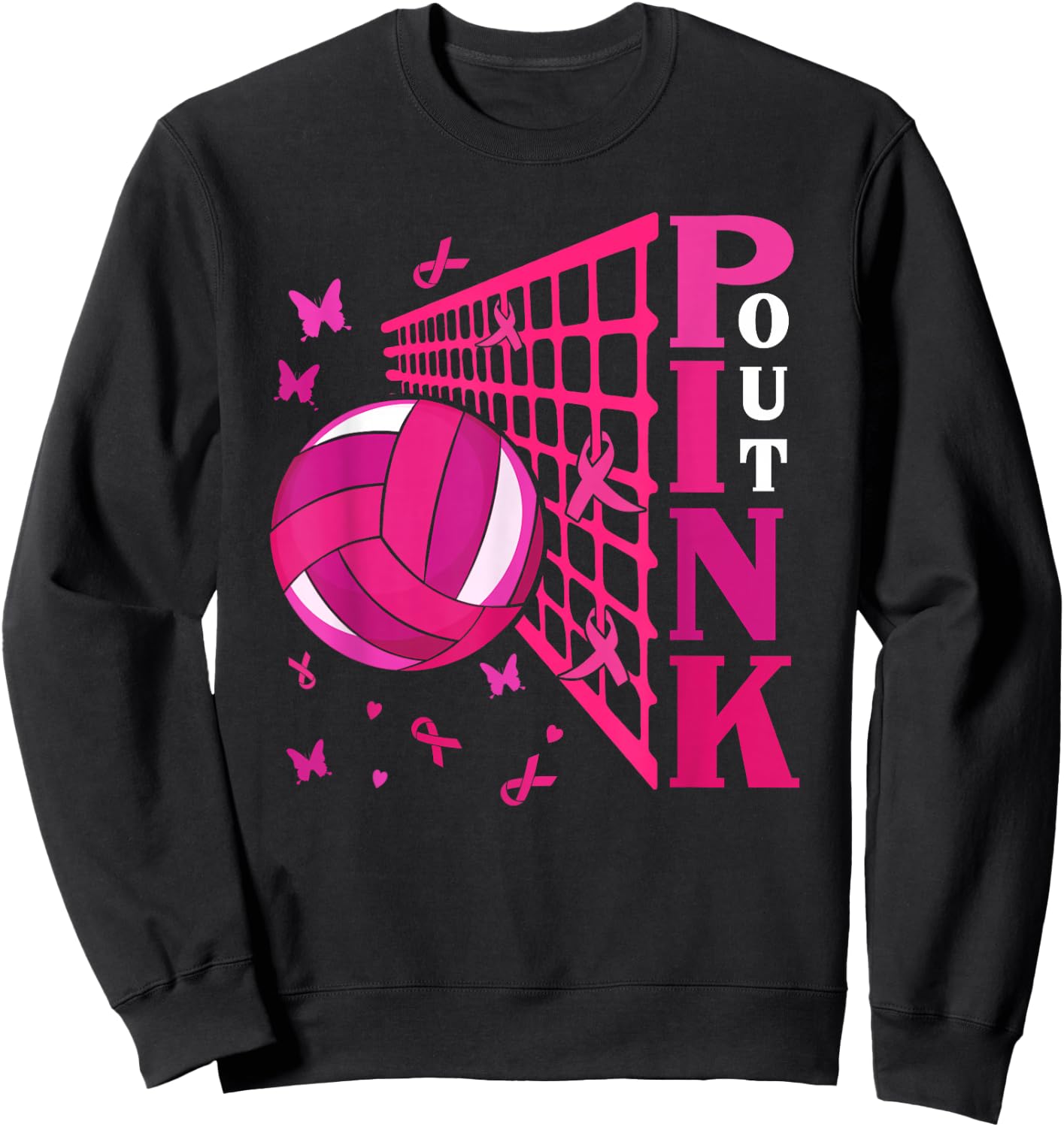 Cute Pink Out Volleyball Breast Cancer Awareness Pink Ribbon Sweatshirt - Sweatshirt | Black