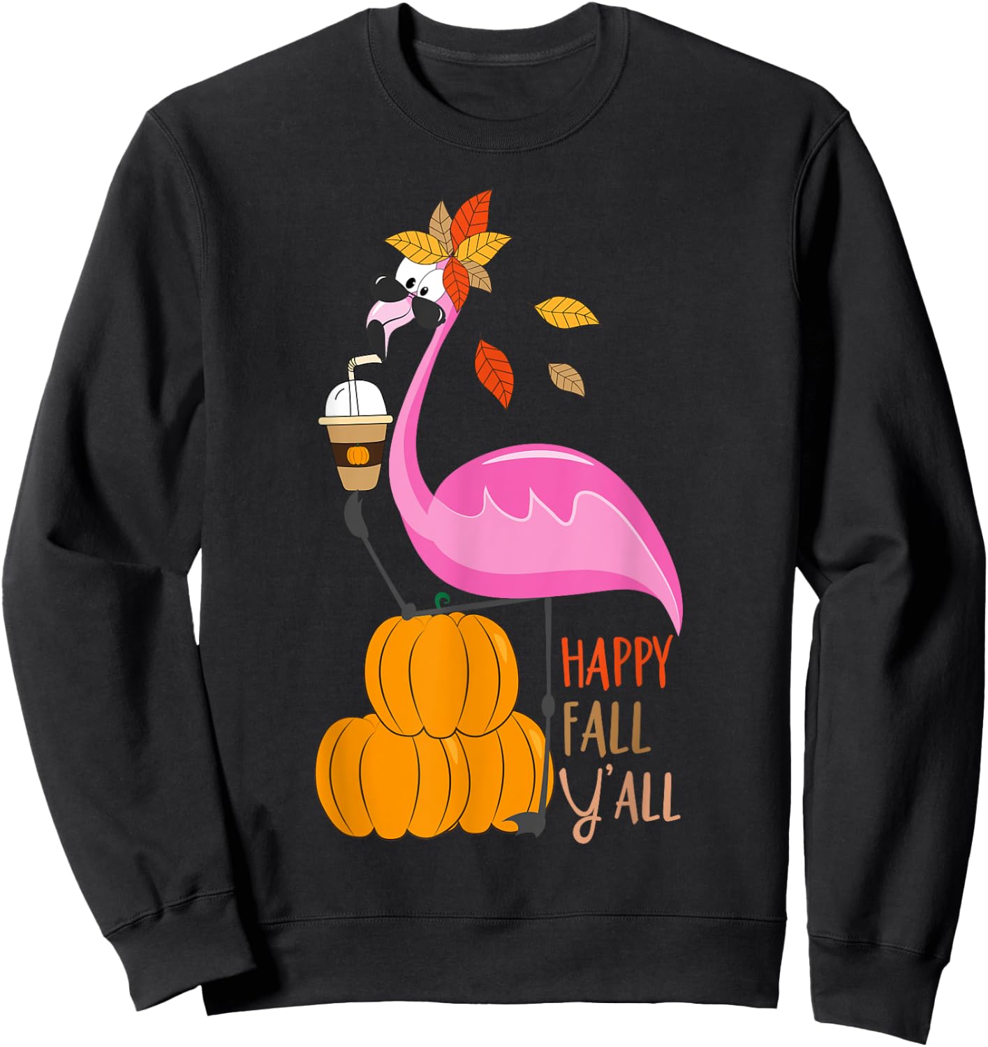 Happy Fall Y'all Pumpkin Flamingo Autumn Graphic Sweatshirt - Sweatshirt | Black