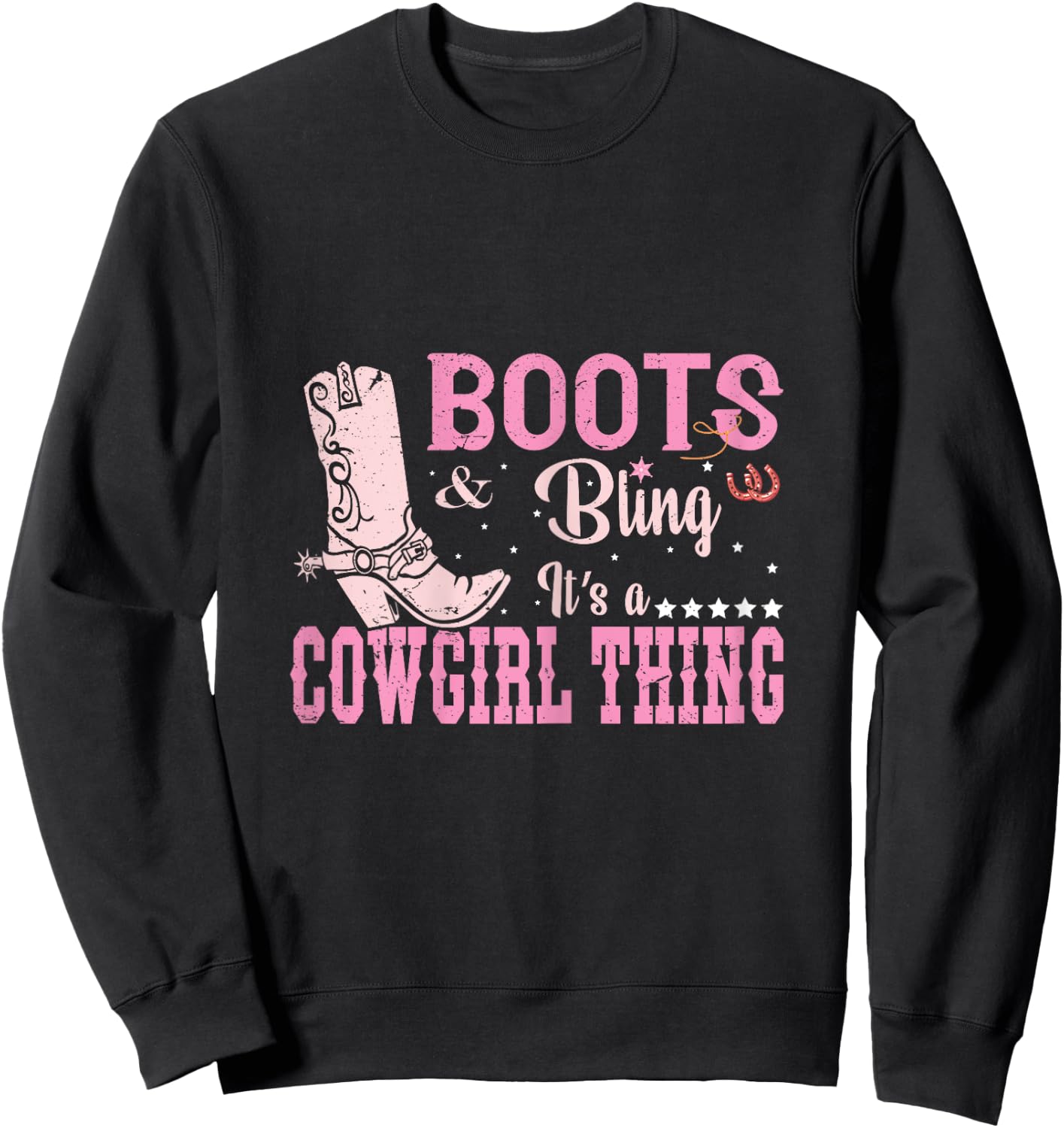 Funny Cowgirl Boots and Bling Graphic Women Girls Cowgirl Sweatshirt - Sweatshirt | Black