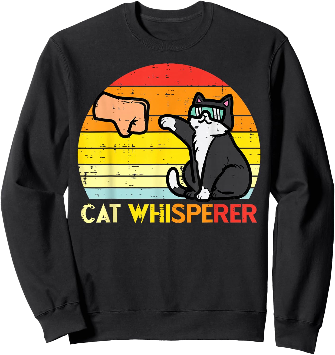 Cat Whisperer Man Paw Fist Bump Sunset Retro Men Women Kids Sweatshirt - Sweatshirt | Black