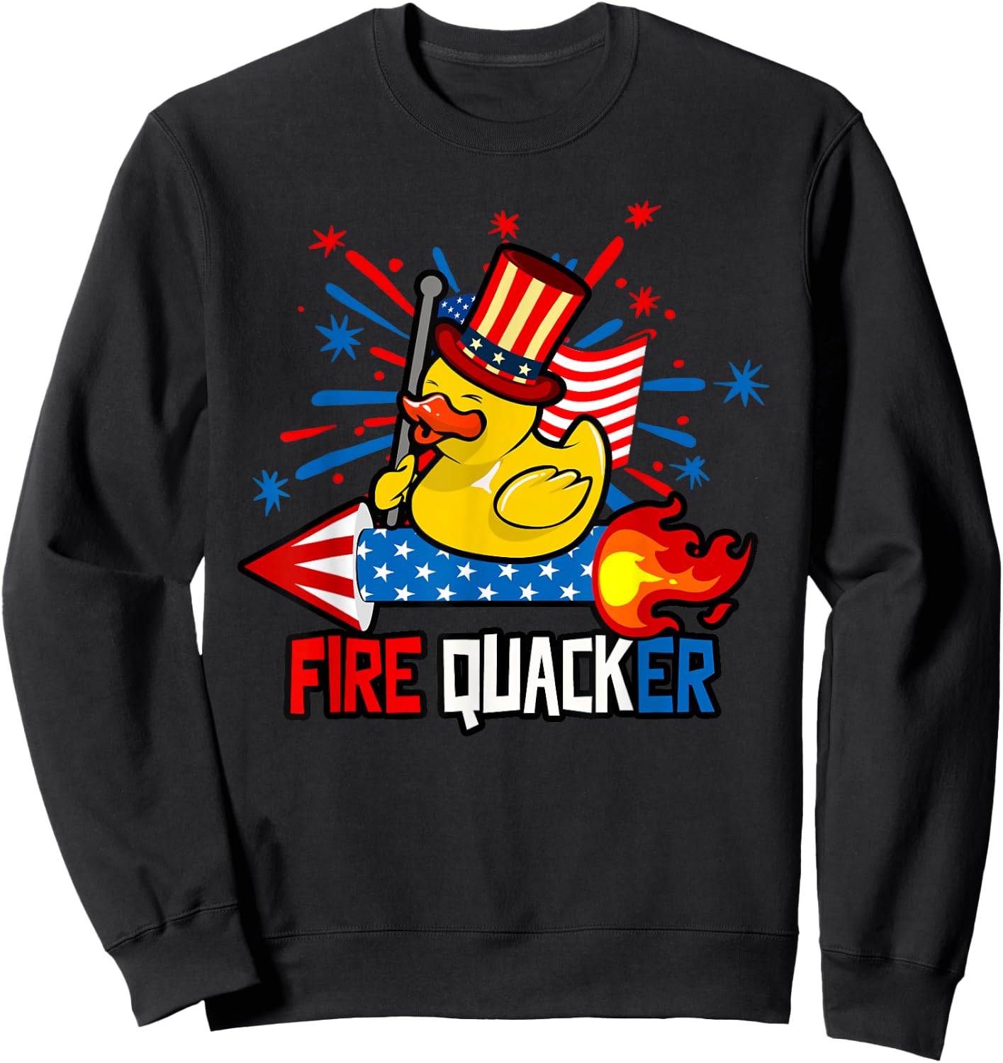 Funny Firequacker Duck 4th of July Fireworks American Flag Sweatshirt - Sweatshirt | Black