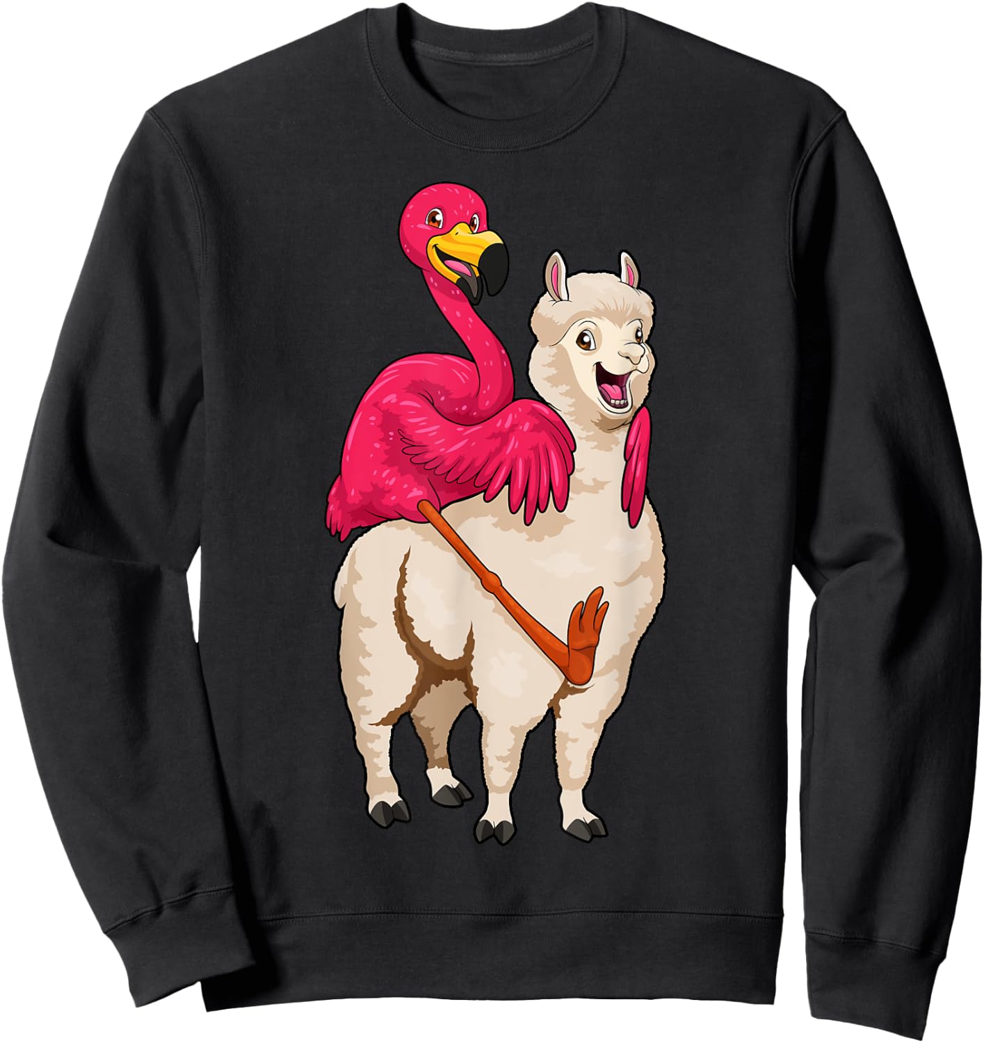 Flamingo Riding Llama Funny Flock Bird Llama Farmer Pun Sweatshirt - Sweatshirt | Black