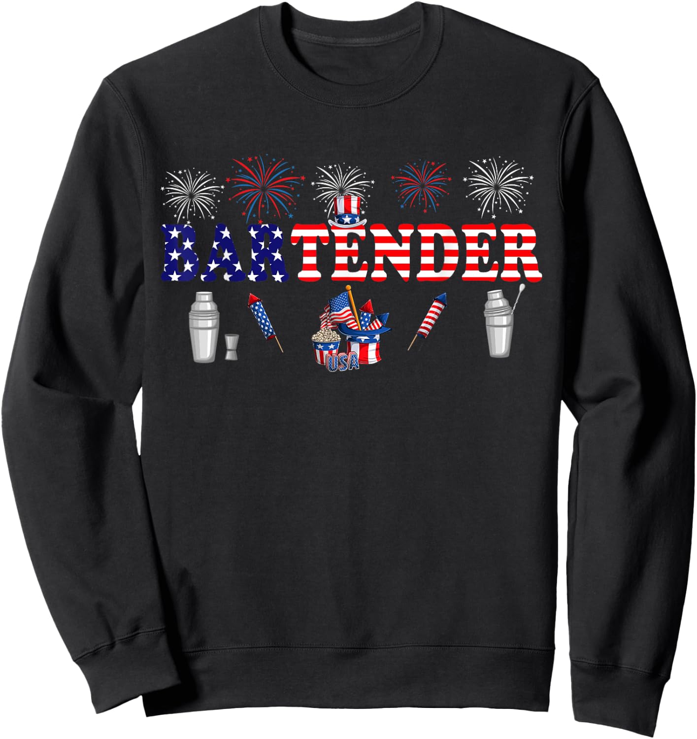 Bartender Costume Proud 4th Of July American Flag Fireworks Sweatshirt - Sweatshirt | Black