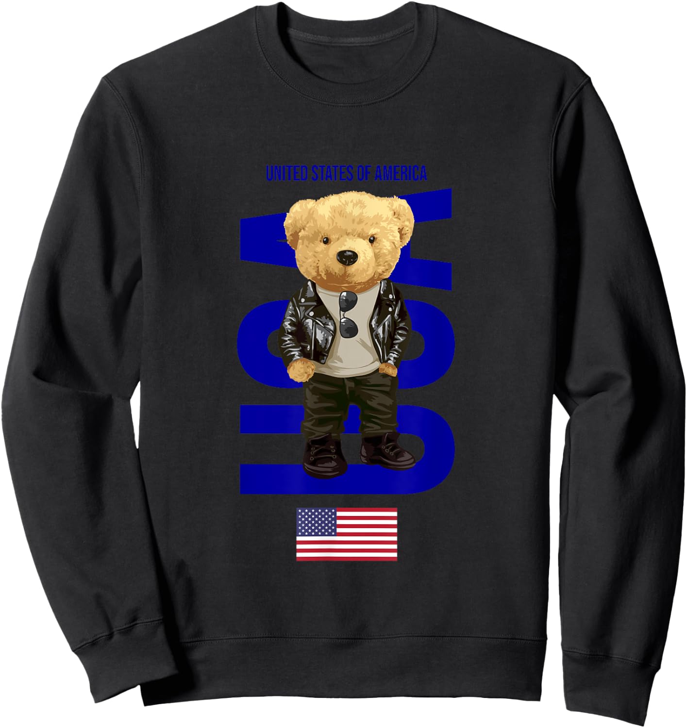 Cool Teddy Bear in USA American Style Illustration Graphic Sweatshirt - Sweatshirt | Black
