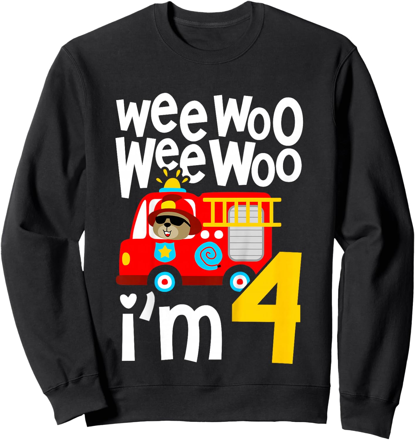 Kids Boys Birthday Wee Woo Wee Woo I'm 4 Red Fire Truck Sweatshirt - Sweatshirt | Black