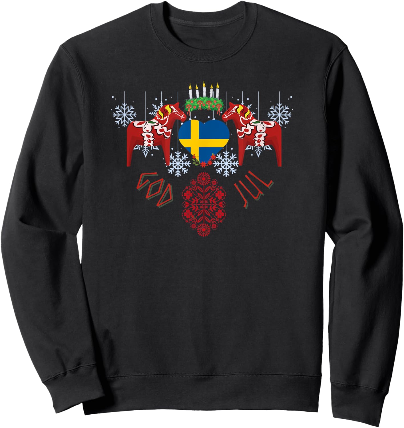 God Jol Sweden flag Swedish dala horse Christmas Santa Lucia Sweatshirt - Sweatshirt | Black