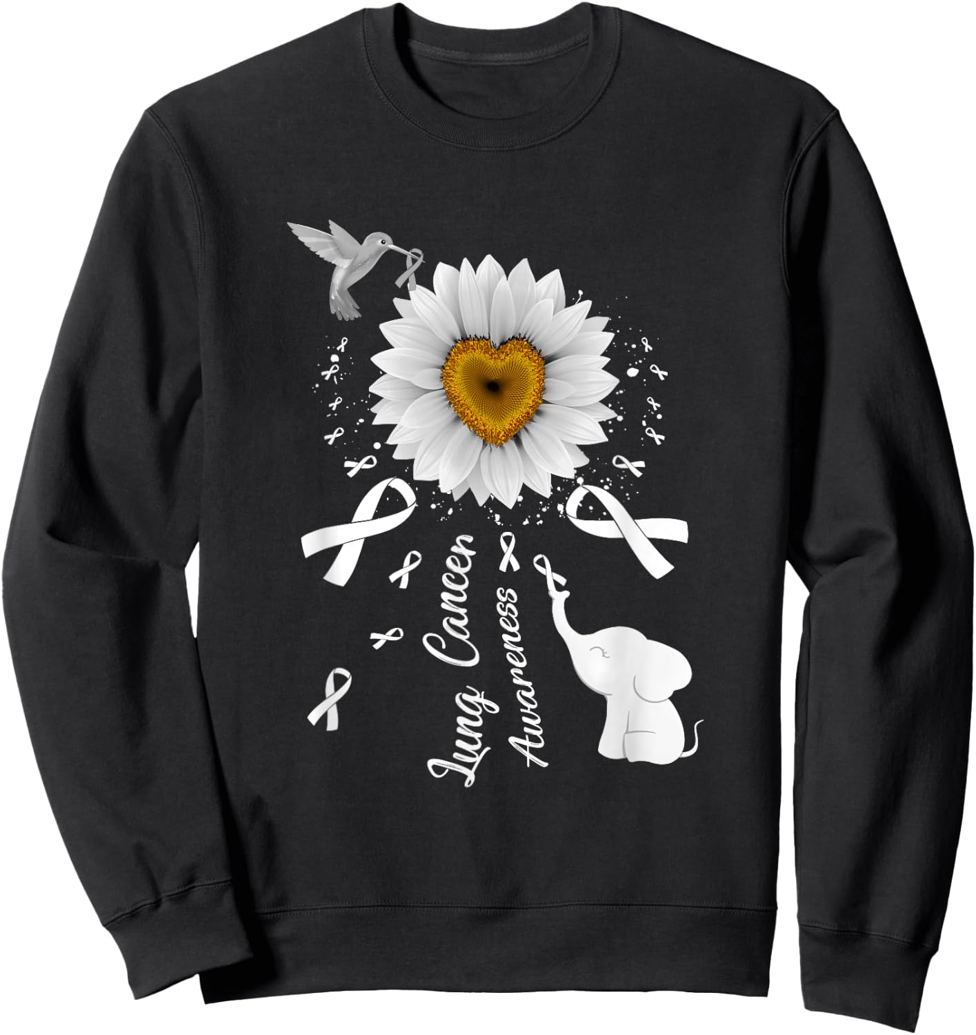 Sunflower Hummingbird Elephant Lung Cancer Awareness Sweatshirt - Sweatshirt | Black