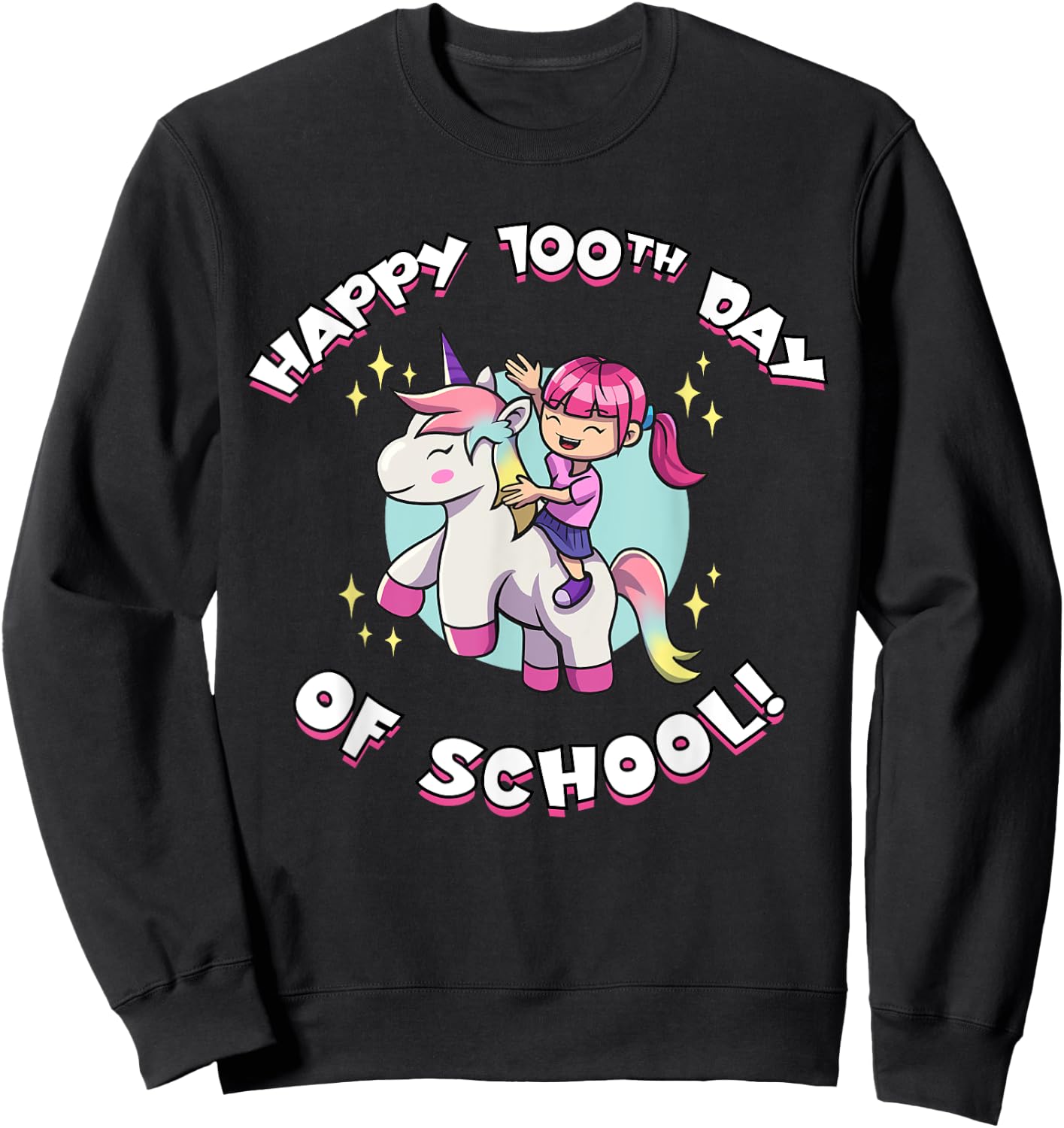 Happy 100th Day of School Girl Riding Unicorn Sweatshirt - Sweatshirt | Black