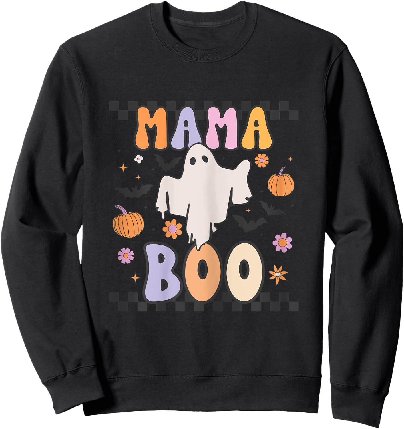 Mama Boo Cute Retro Groovy Ghost Halloween Family Matching Sweatshirt - Sweatshirt | Black