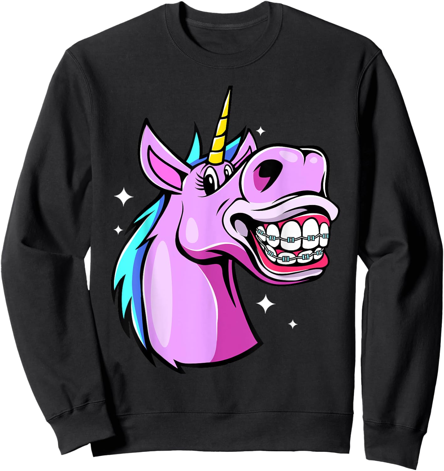 Unicorn With Braces For Girls Funny Orthodontist Dentist Sweatshirt - Sweatshirt | Black
