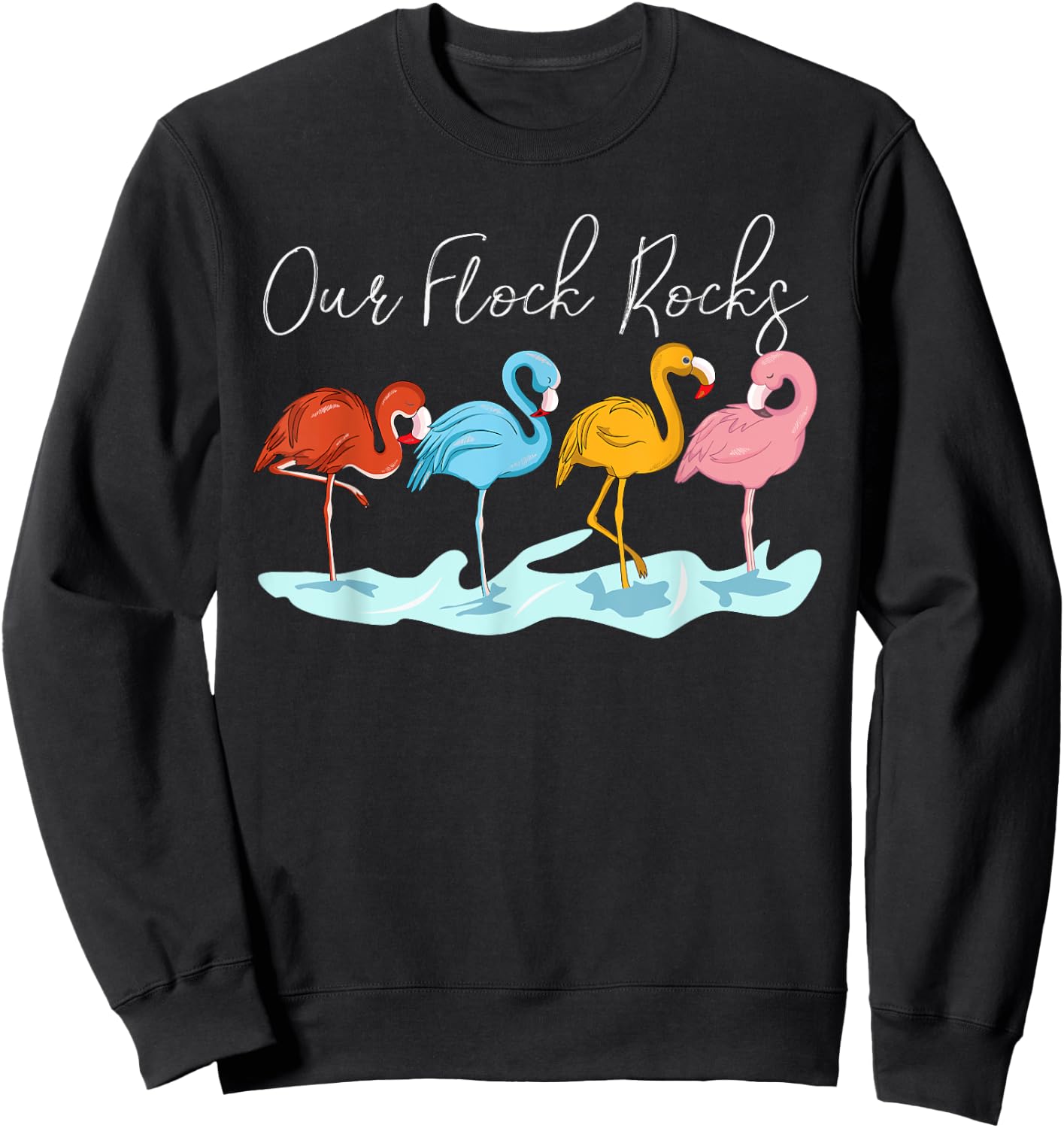 Our Flock Rocks Flamingos Lover Family Vacation Group Sweatshirt - Sweatshirt | Black