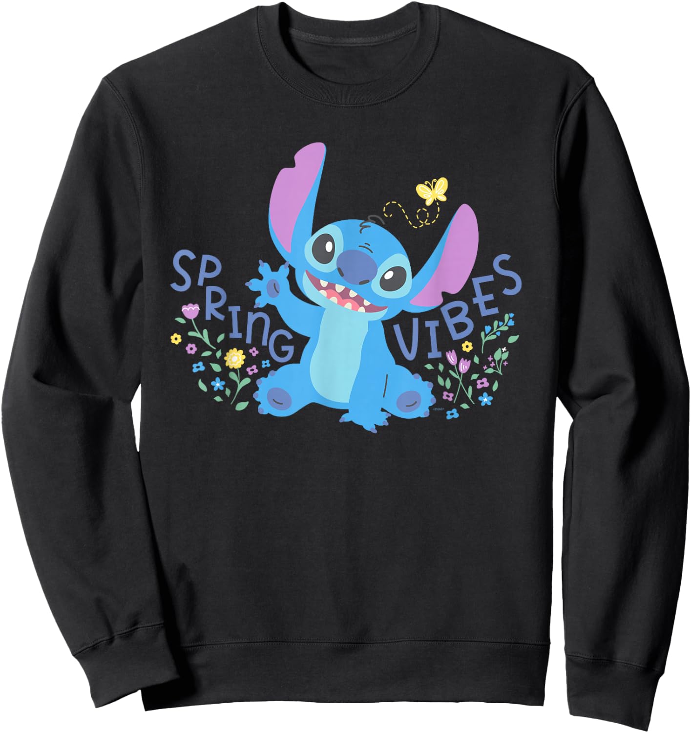 Disney Stitch with Flowers & Butterfly Easter Spring Vibes Sweatshirt - Sweatshirt | Black